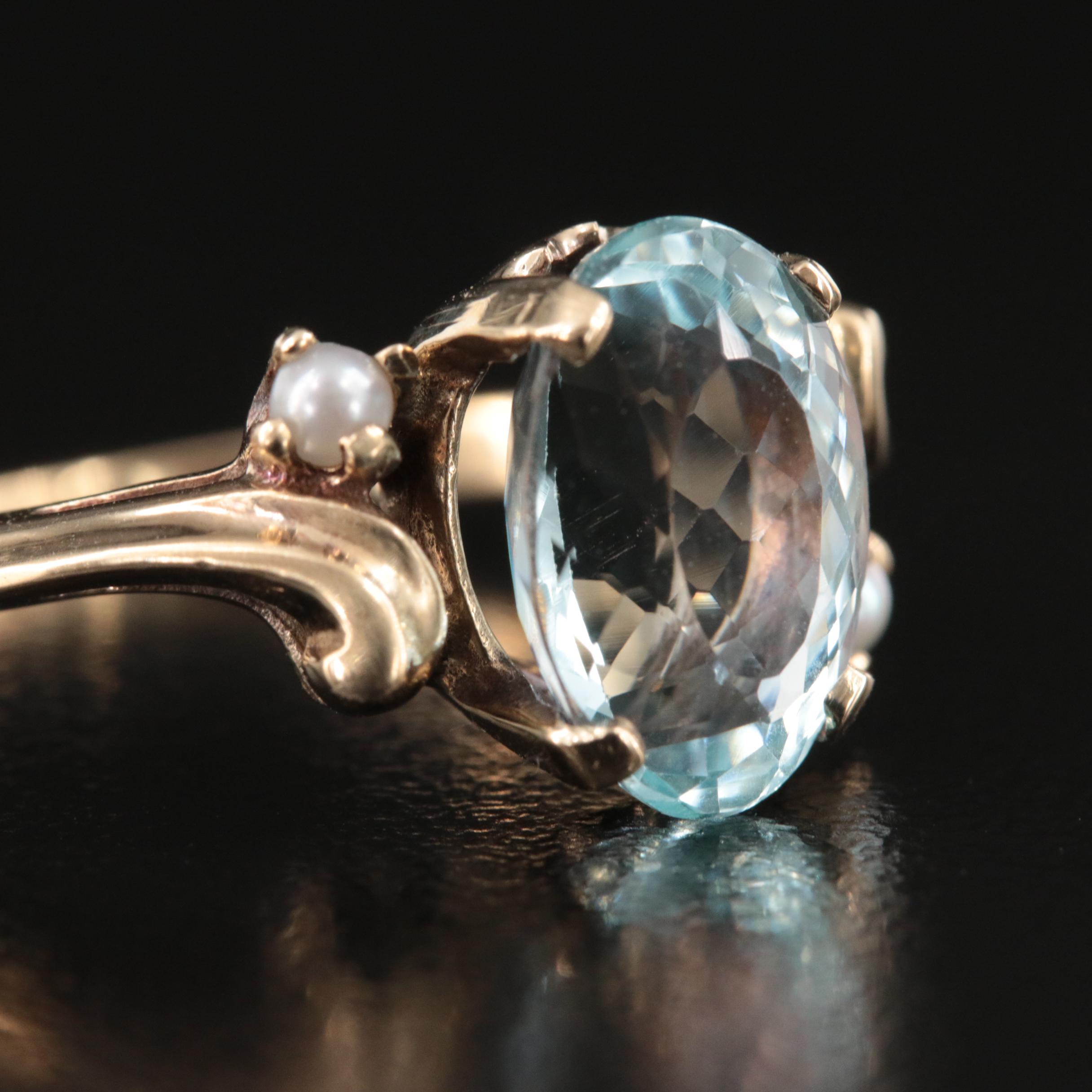 10K 3.34 CT Aquamarine and Seed Pearl Ring with GIA Report