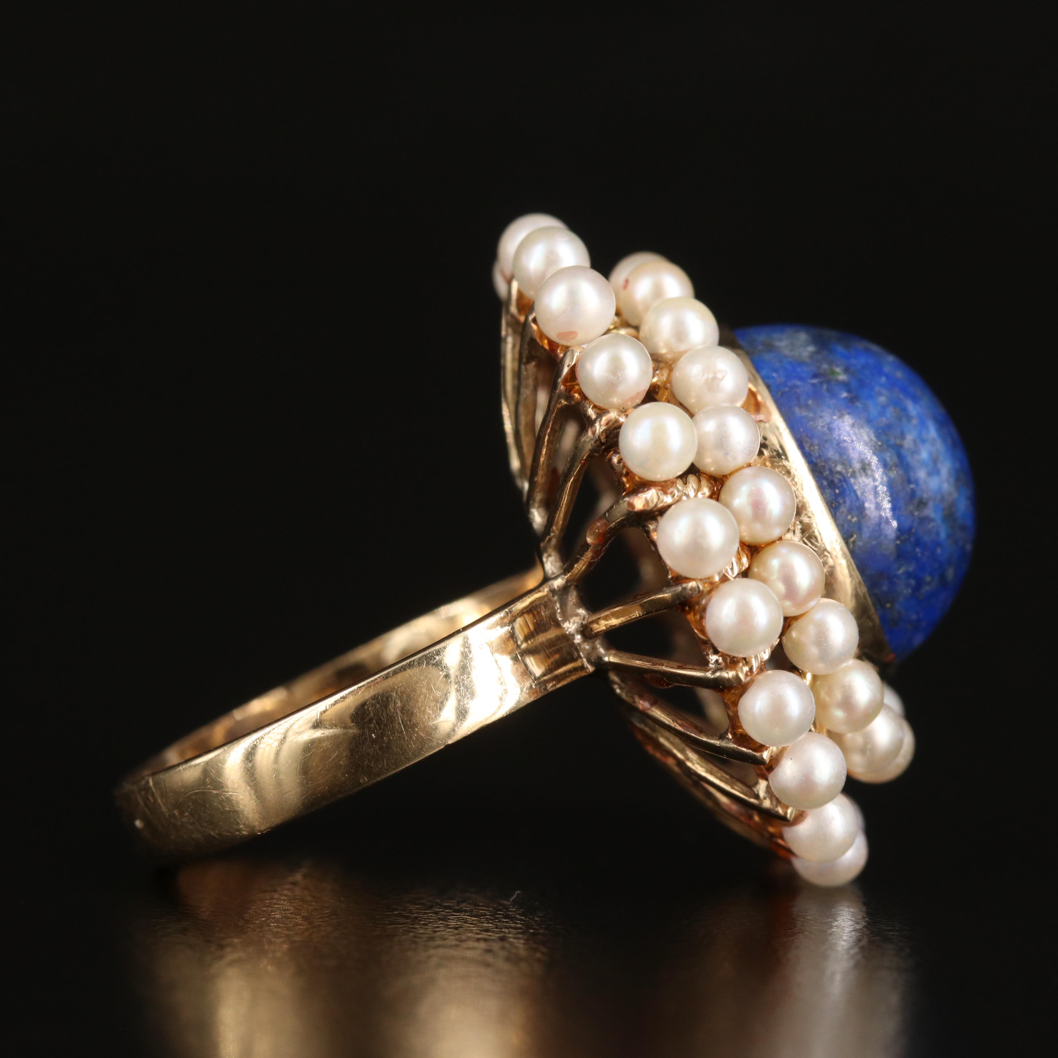Vintage 14K Lapis Lazuli and Seed Pearl Ring