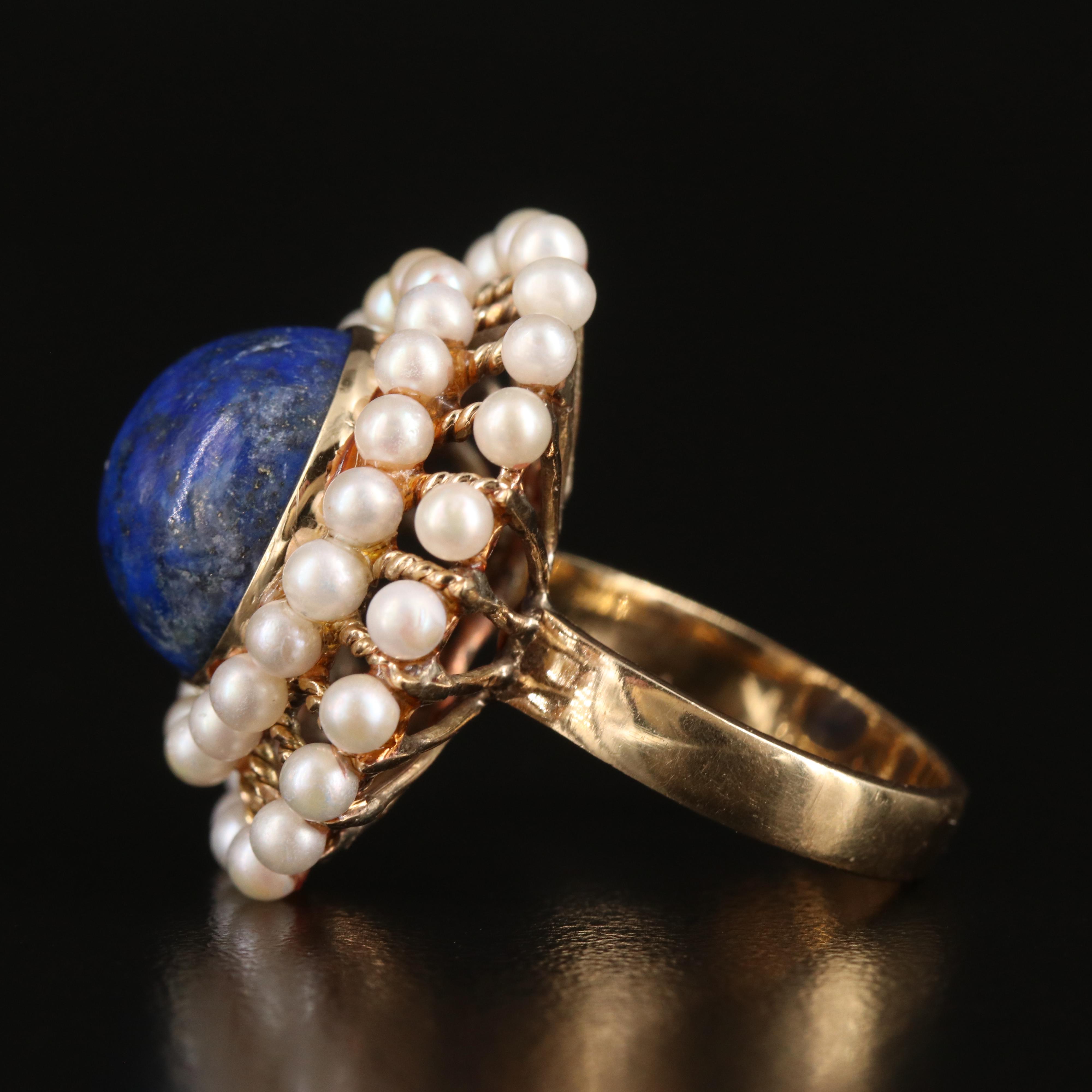 Vintage 14K Lapis Lazuli and Seed Pearl Ring