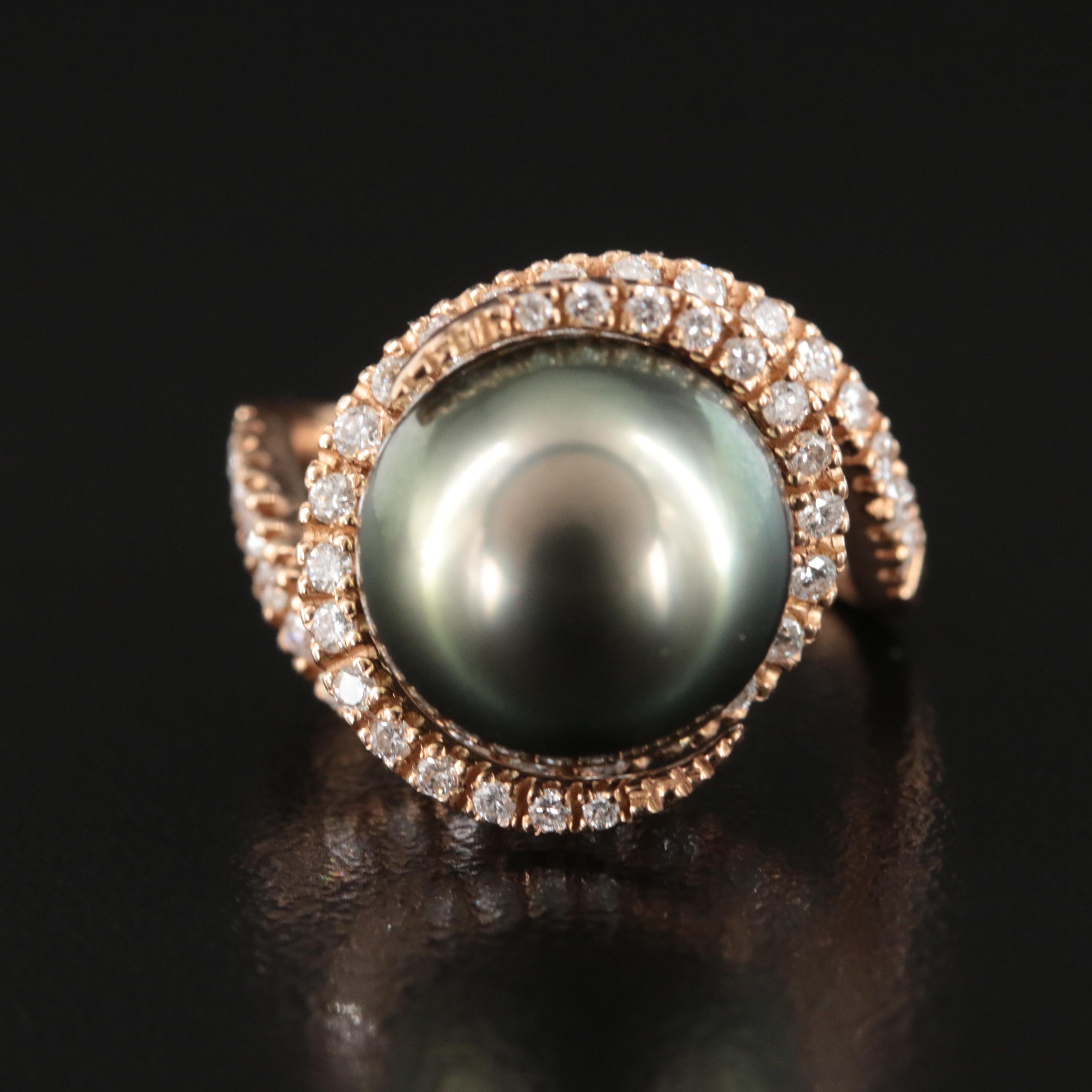 18K Rose Gold Pearl and Diamond Spiral Ring