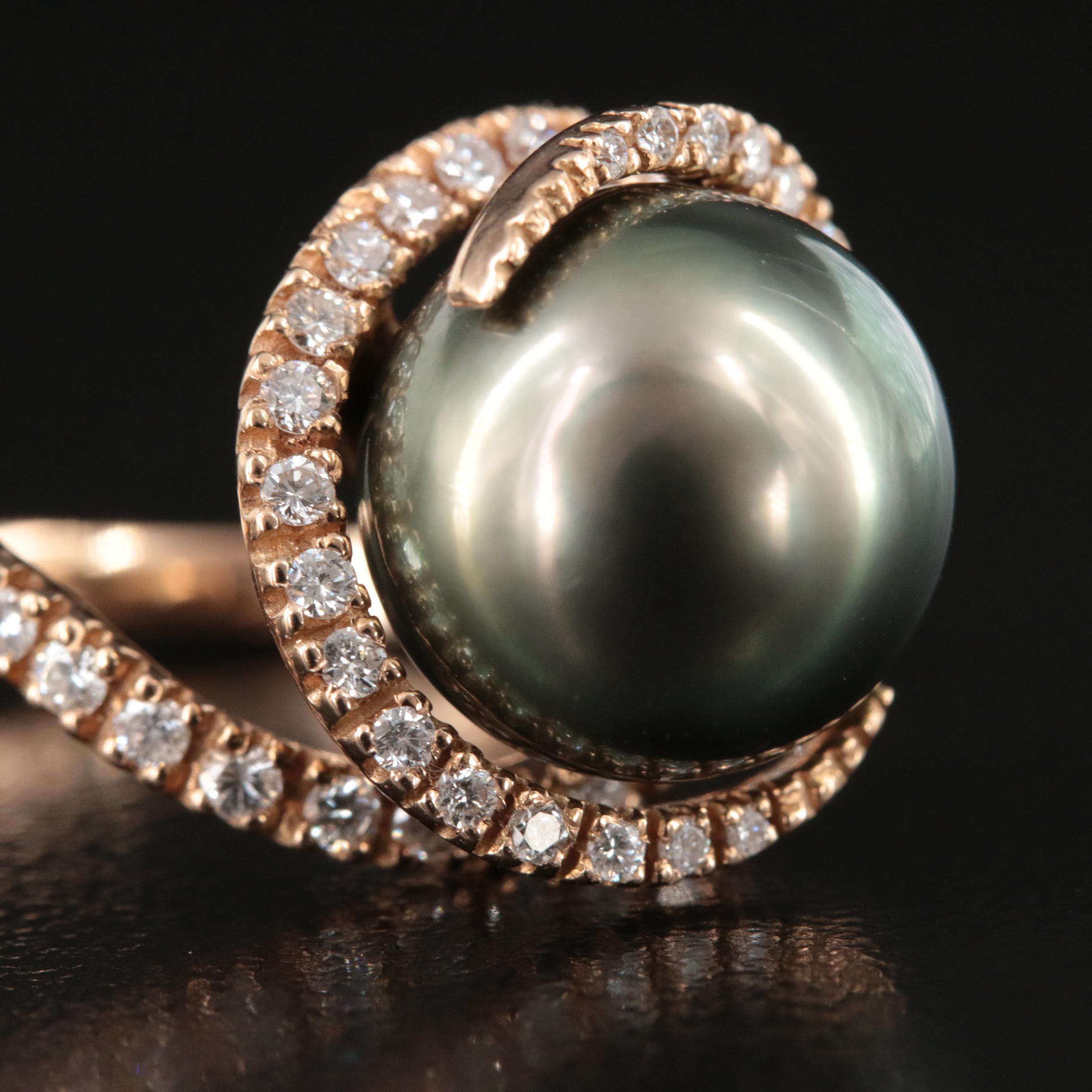 18K Rose Gold Pearl and Diamond Spiral Ring