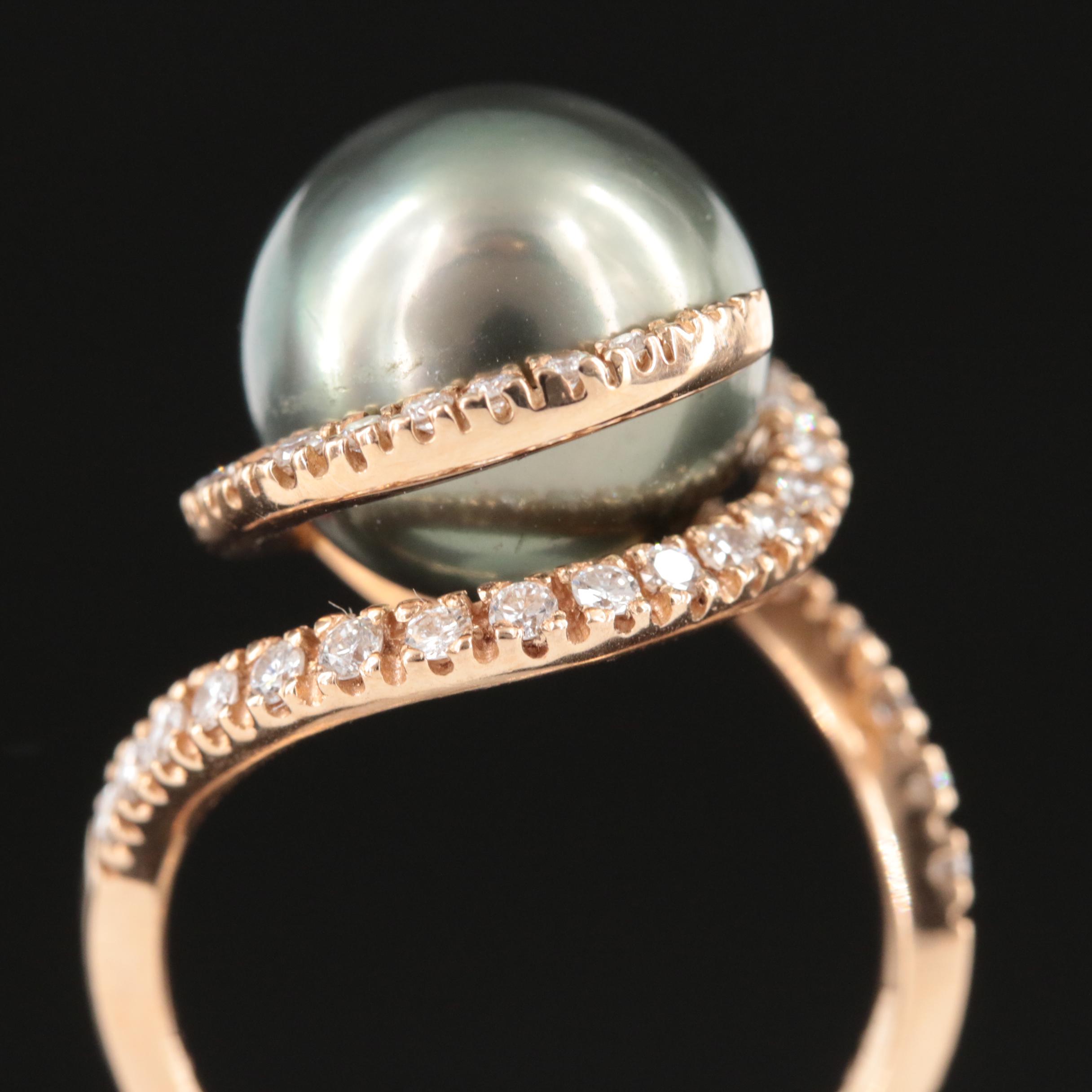 18K Rose Gold Pearl and Diamond Spiral Ring