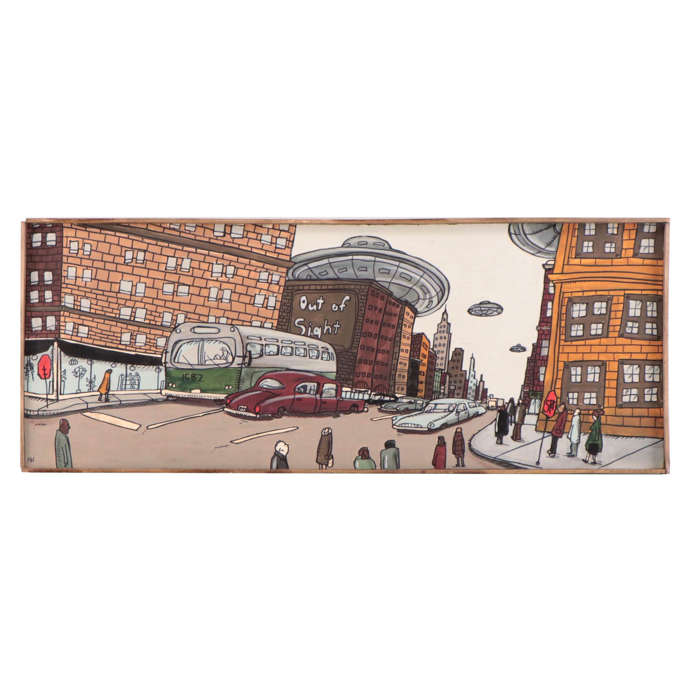 Aaron Wooten Acrylic and Ink Painting of Cityscape "Neptunian Attack #1," 2023