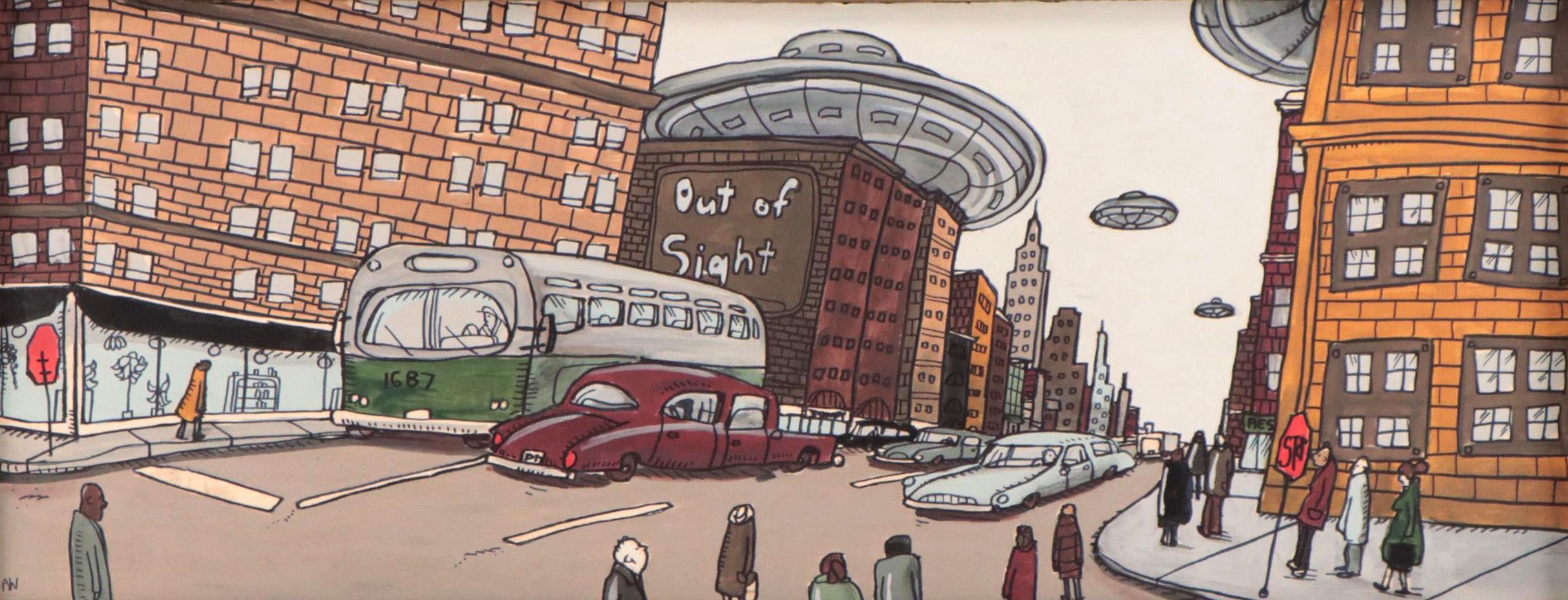 Aaron Wooten Acrylic and Ink Painting of Cityscape "Neptunian Attack #1," 2023