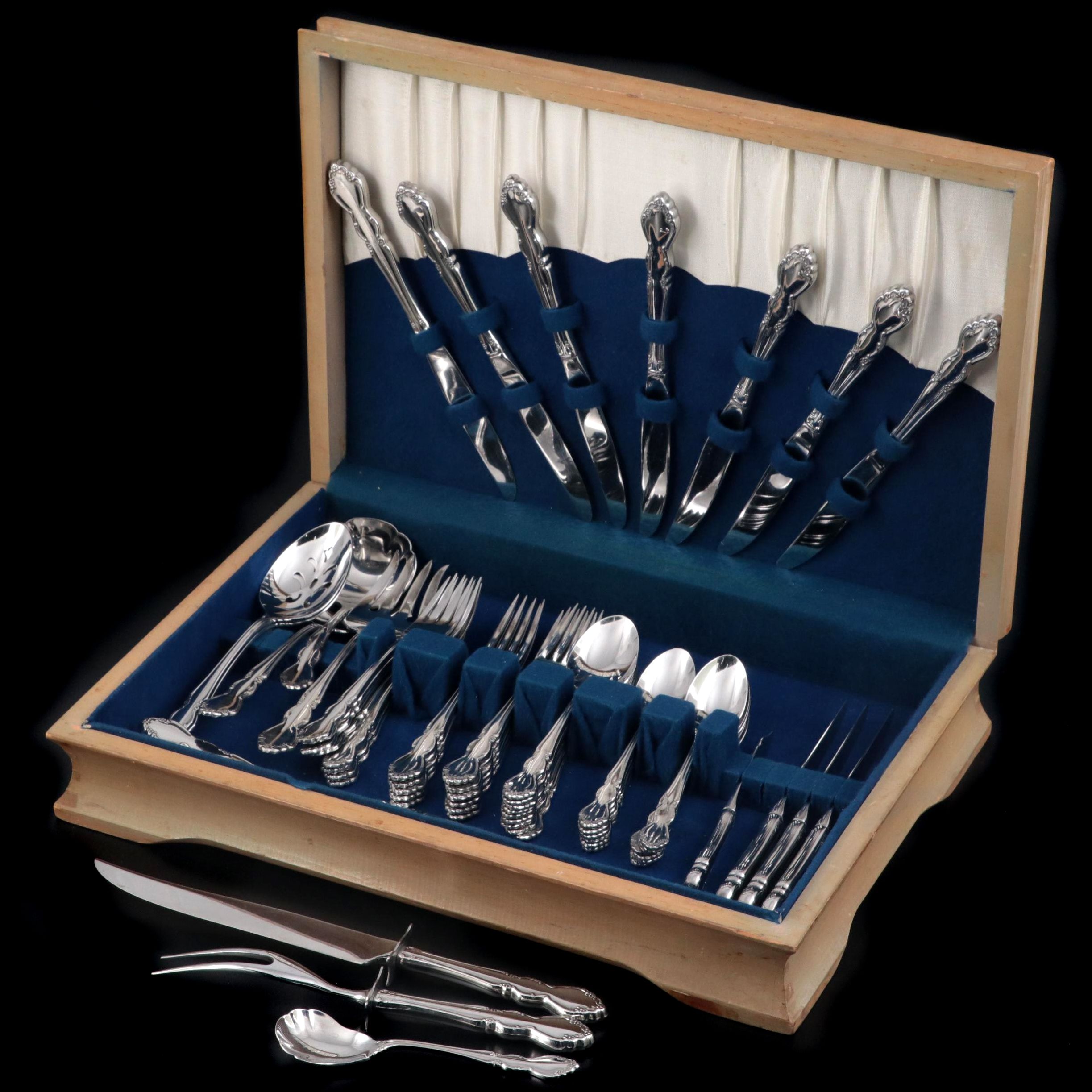 Oneida "Dover" Stainless Steel Flatware in Wooden Case, Mid to Late 20th Century