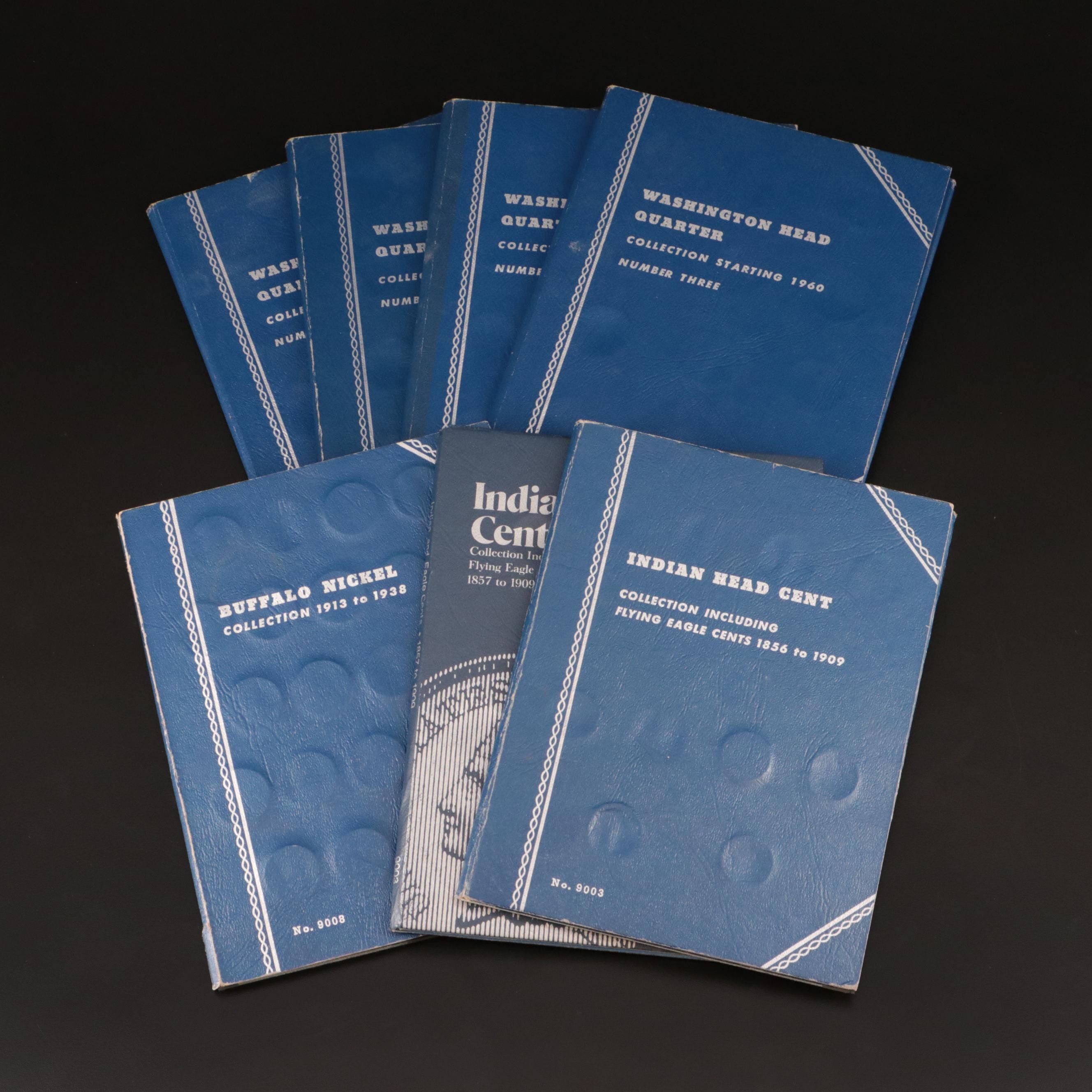 7 Whitman Binders of Washington Quarters, Buffalo Nickels, and Indian Head Cents