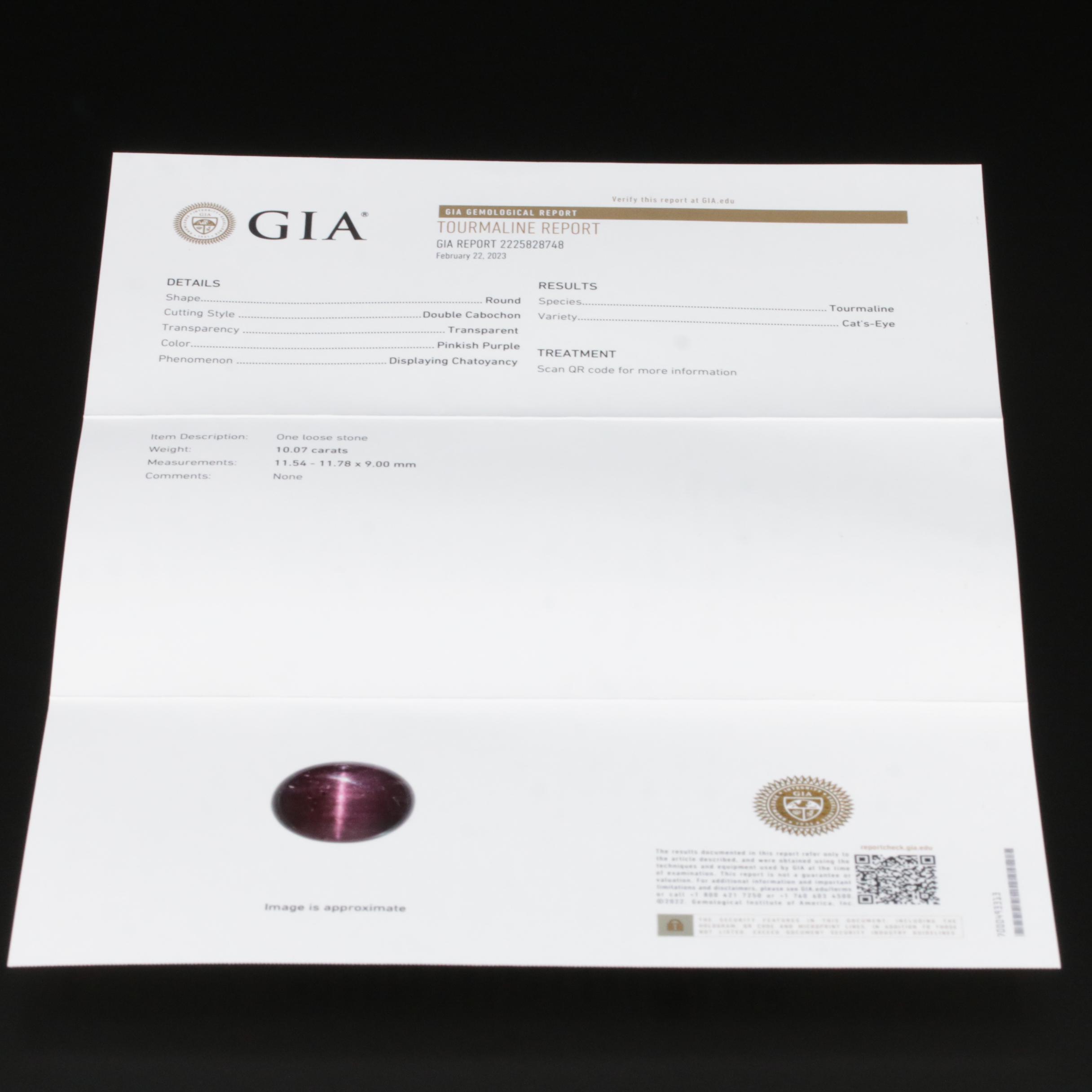 10K 10.07 CT Cat's Eye Tourmaline and Diamond with GIA Report