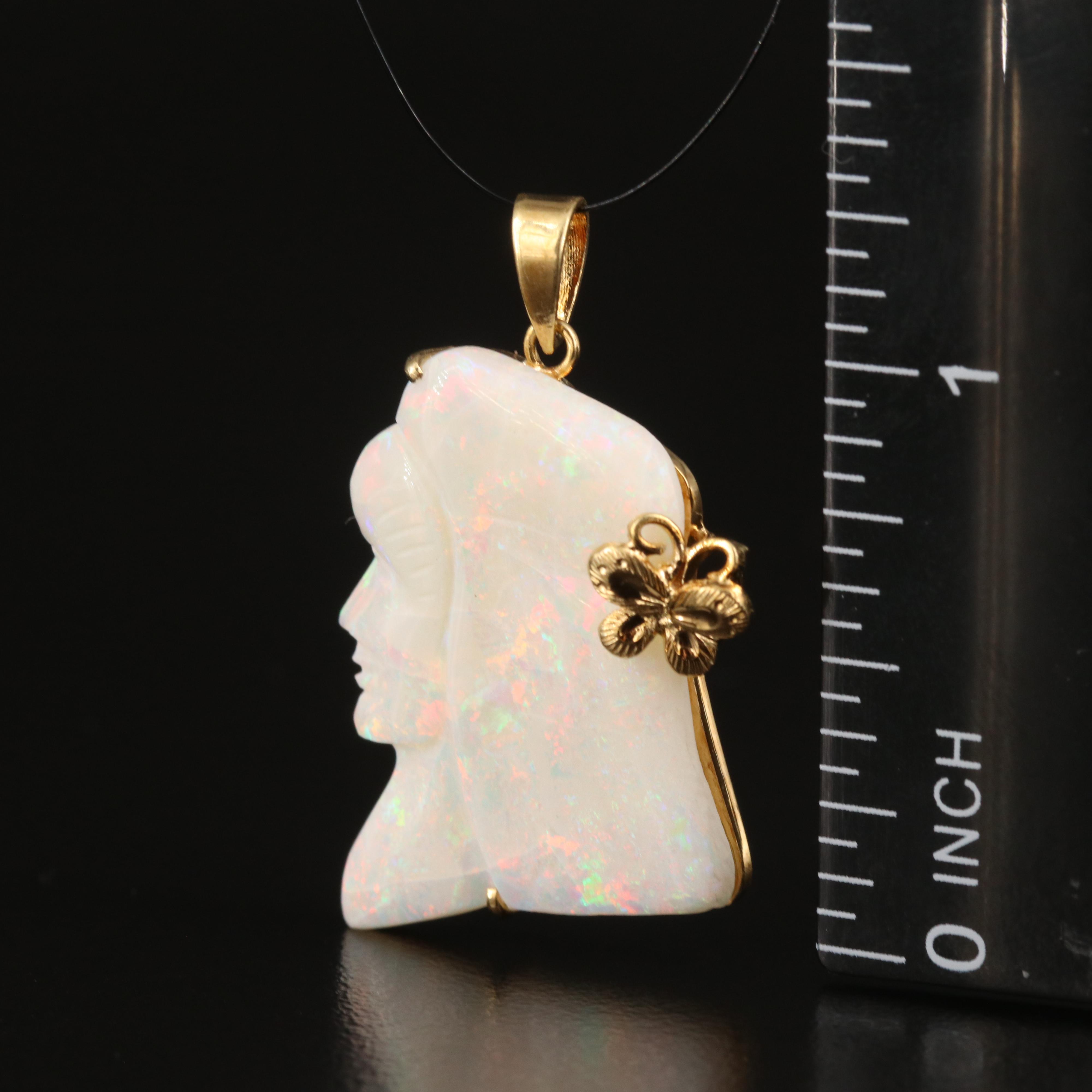 14K Carved Opal Profile Pendant with Butterfly Accent