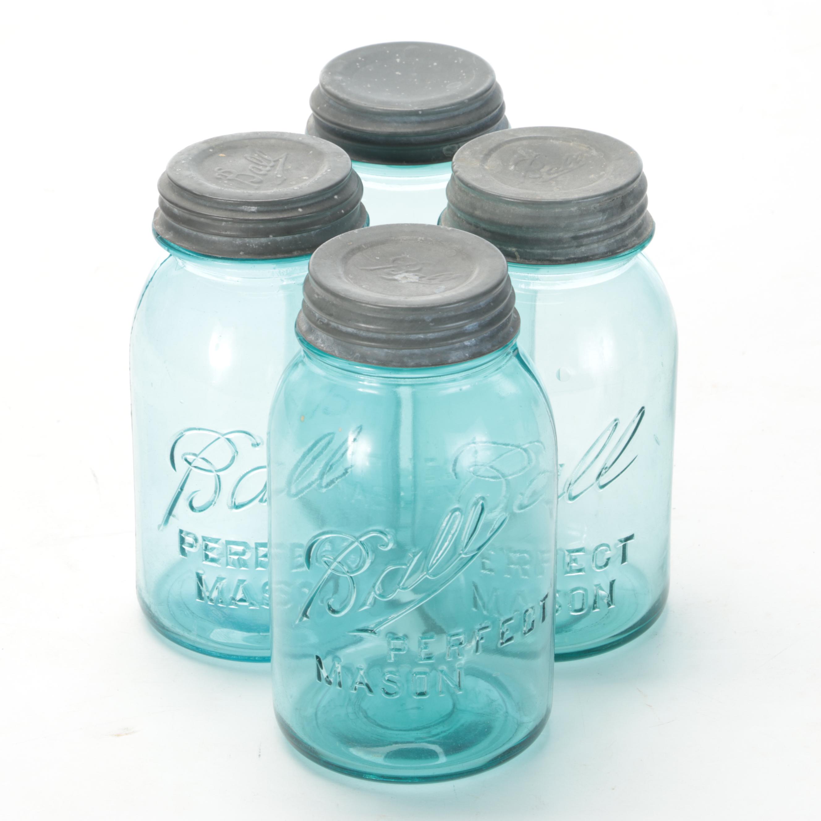 Owens-Illnois Glass Water Jug with Ball Canning Jars and Wire Crates