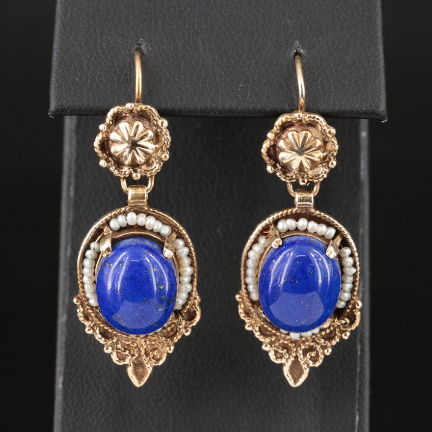 14K Lapis Lazuli and Seed Pearl Earrings
