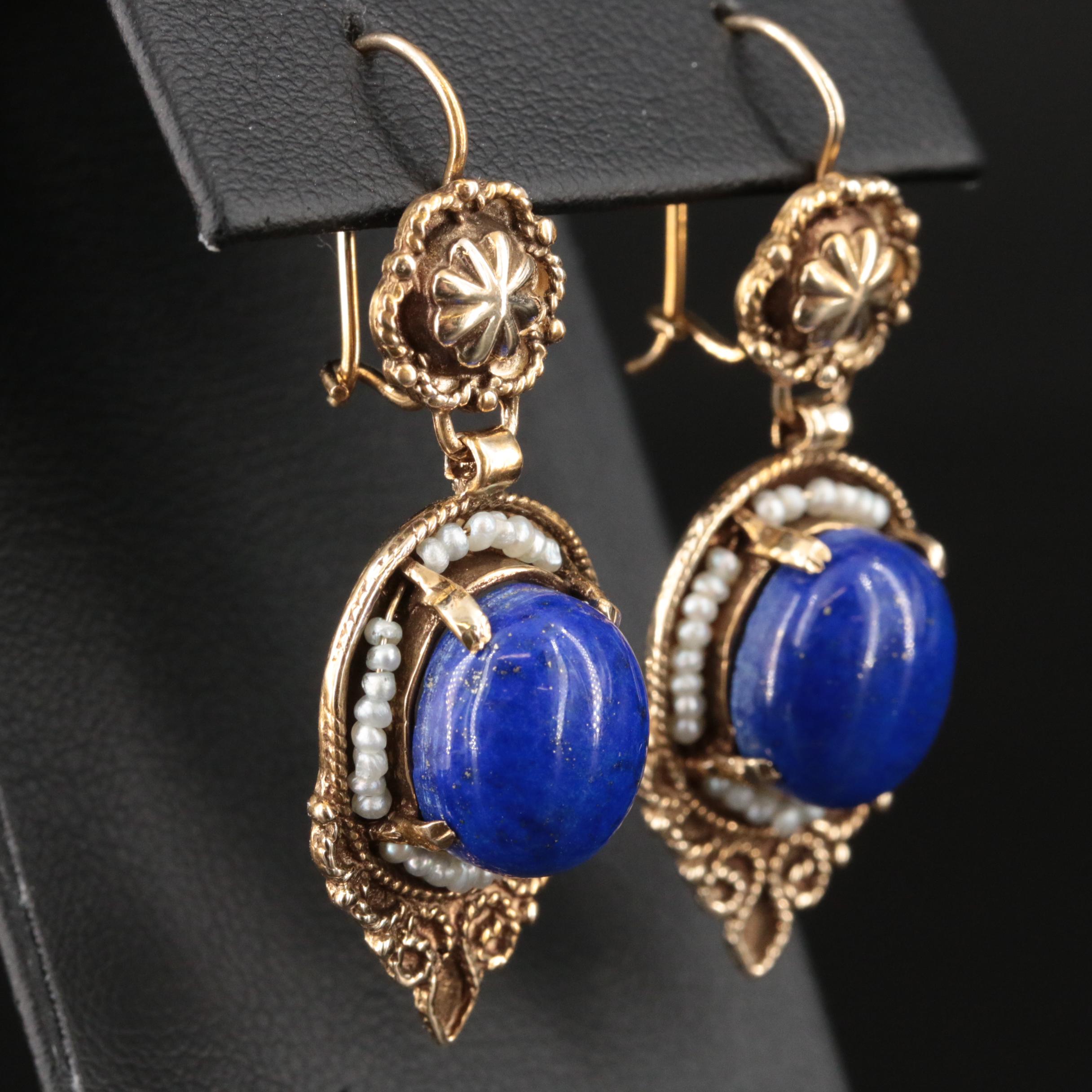 14K Lapis Lazuli and Seed Pearl Earrings