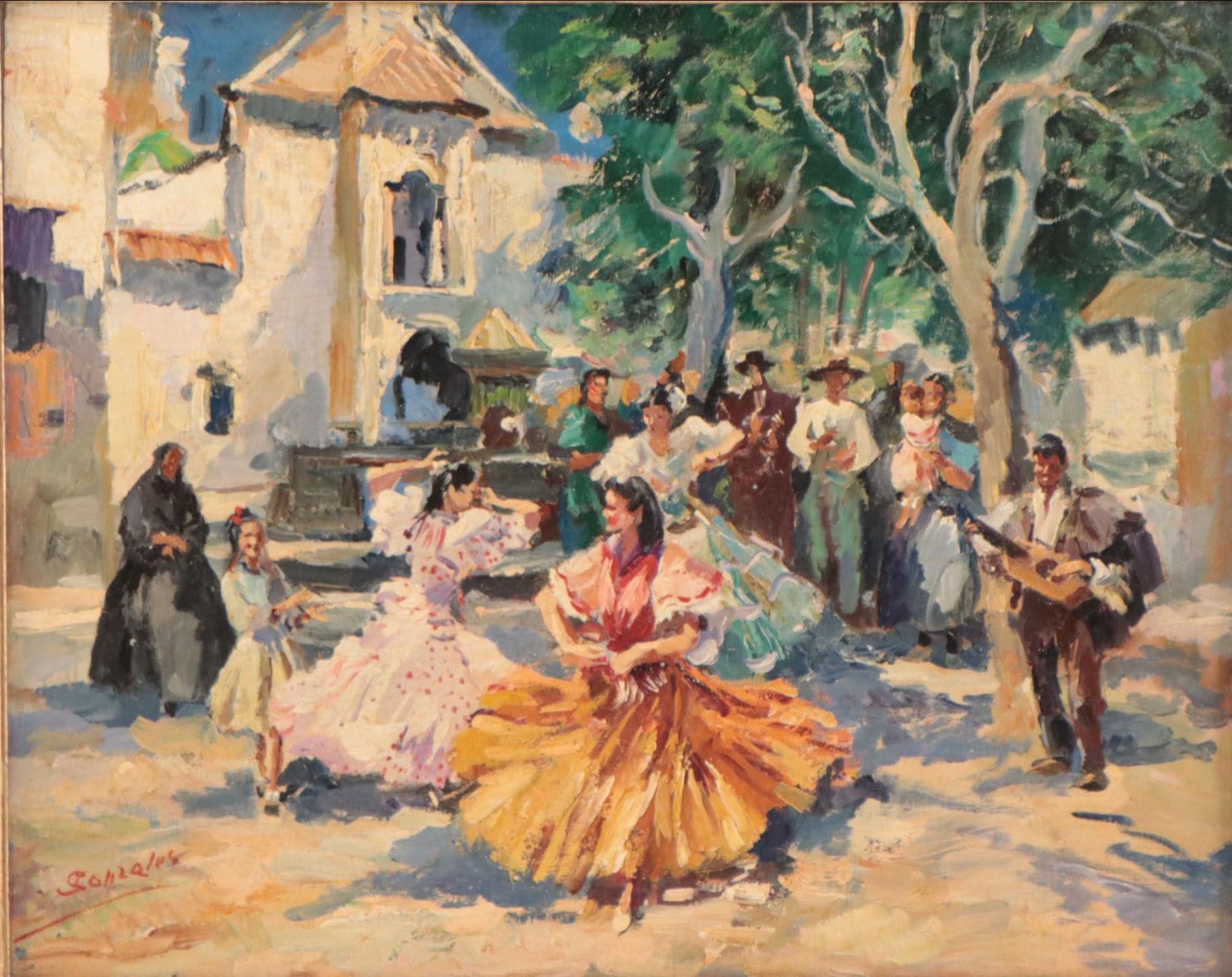 Roberta Gonzáles Oil Painting of Village Scene With Dancers