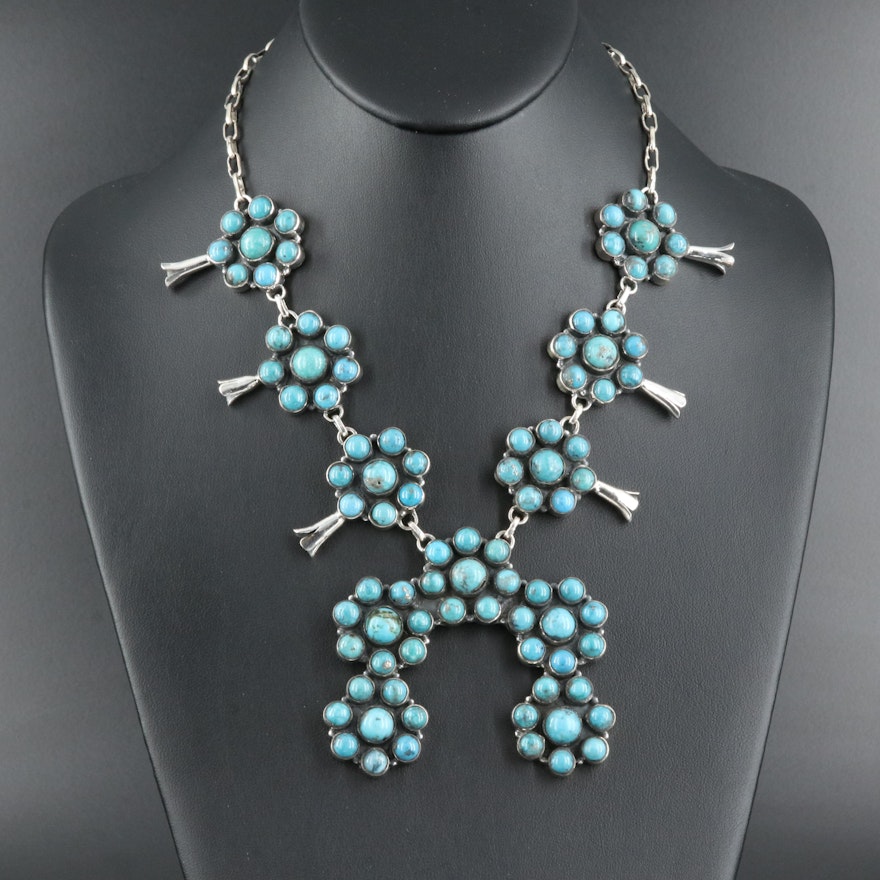 Western Style Sterling Turquoise Squash Blossom Necklace