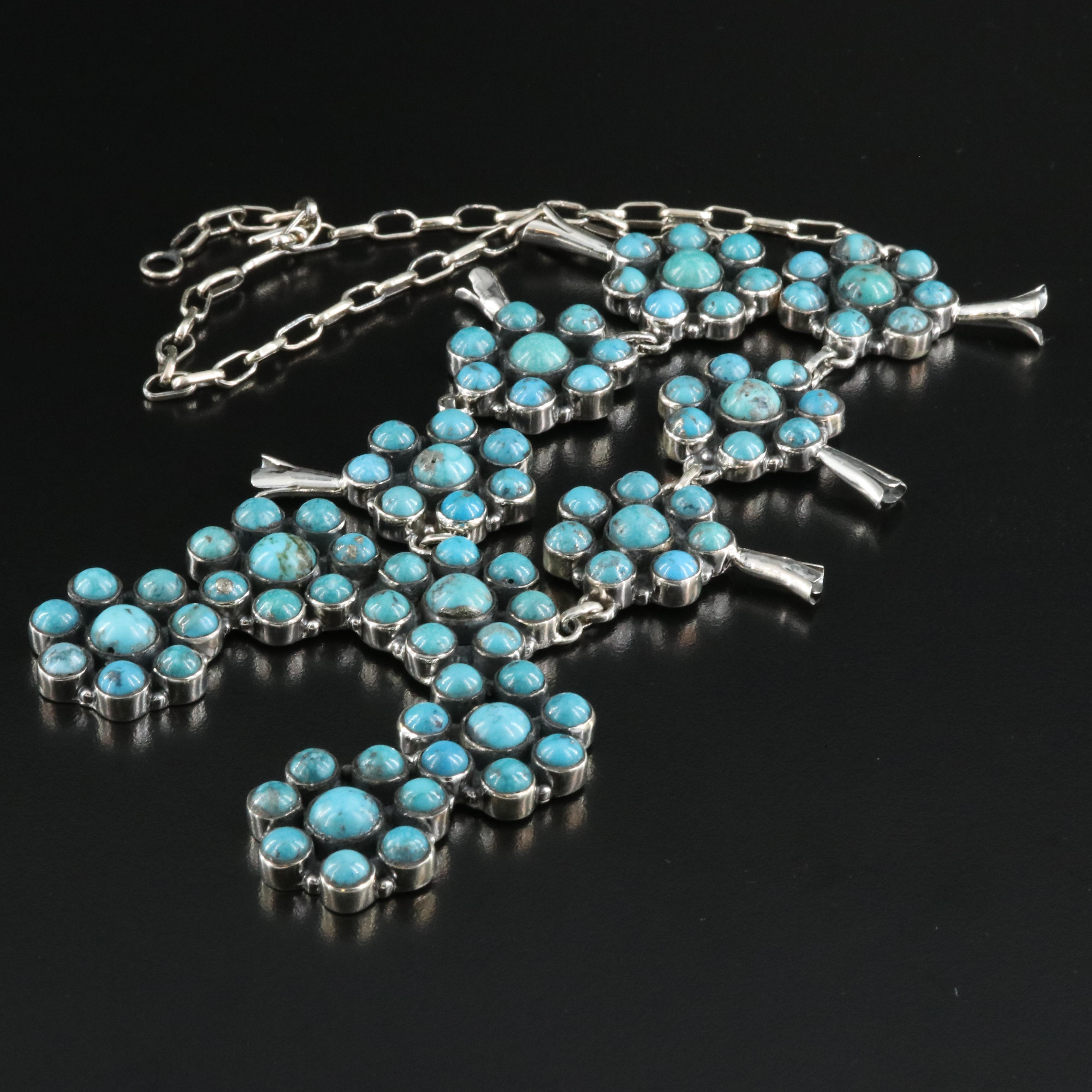 Western Style Sterling Turquoise Squash Blossom Necklace