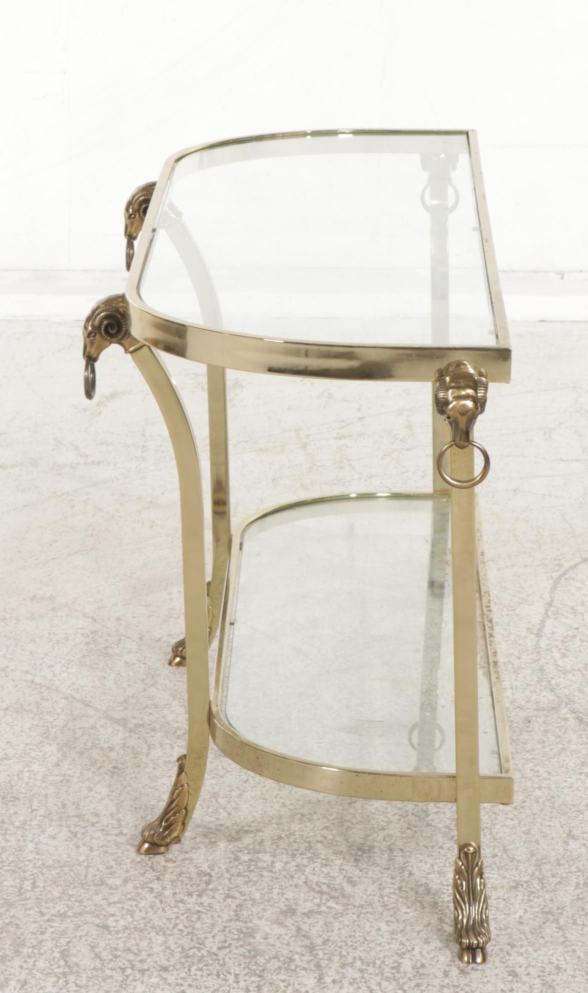 Brass Finished Metal and Glass Hall Table with Ram's Head Decorations