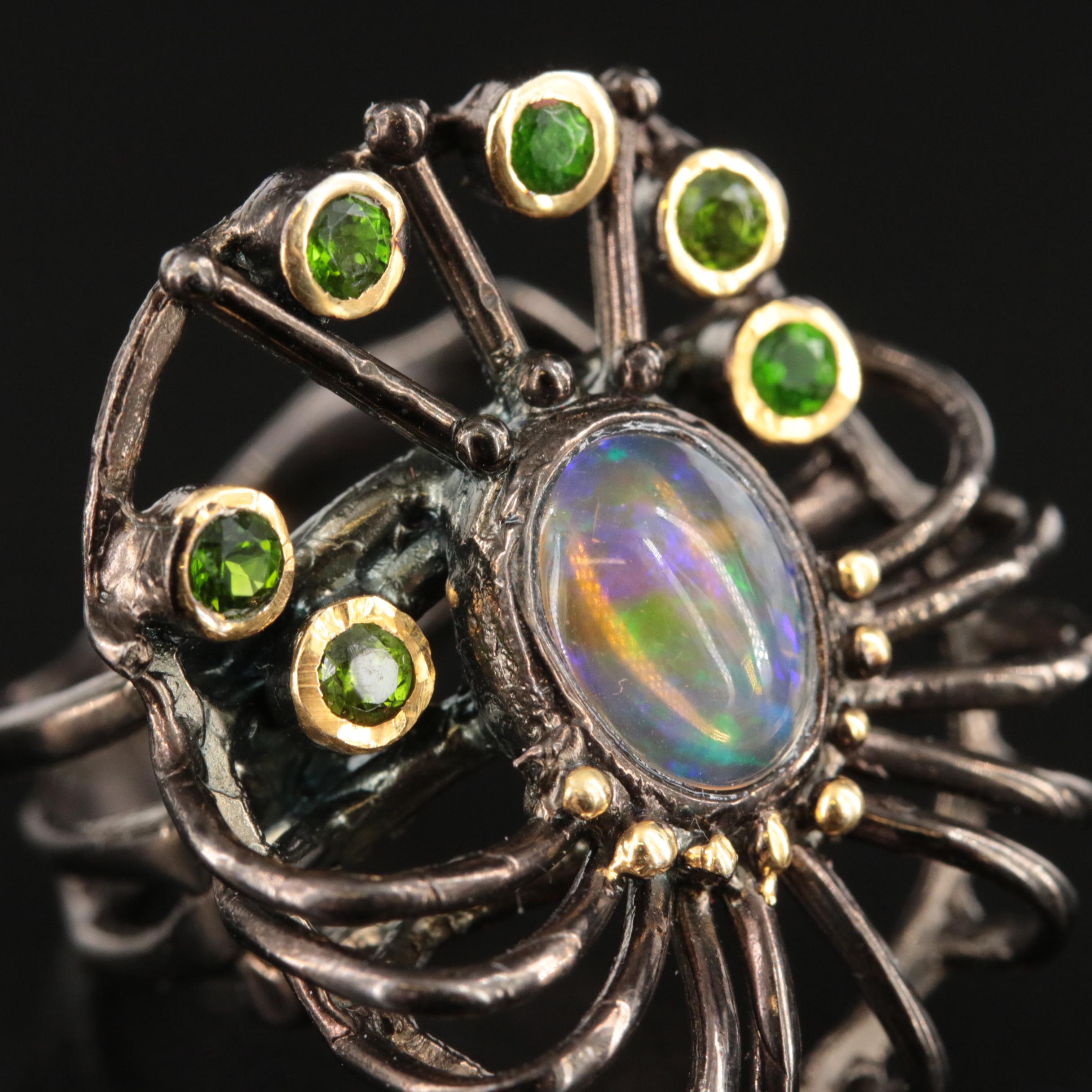 Sterling Opal and Diopside Abstract Ring