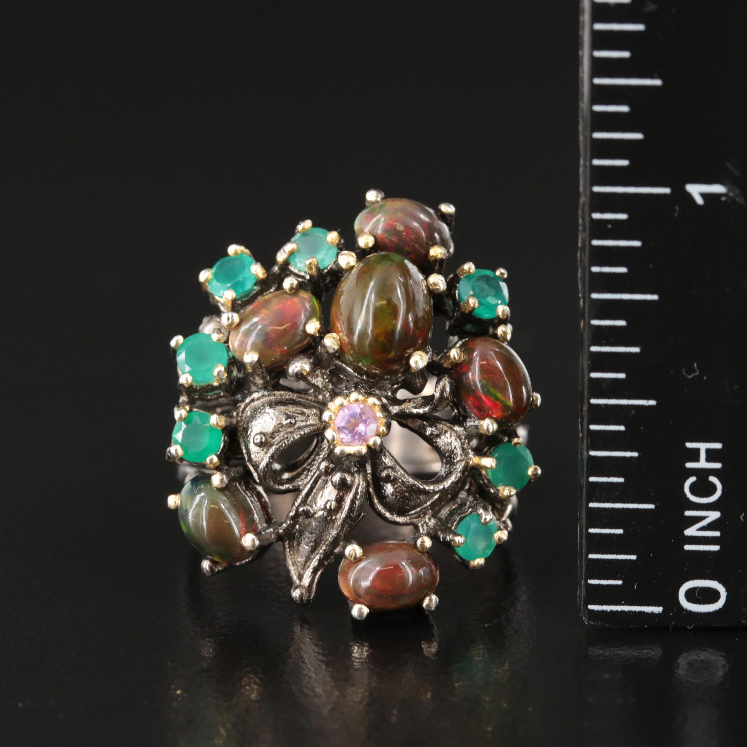 Sterling Opal, Chalcedony and Amethyst Cluster Ring
