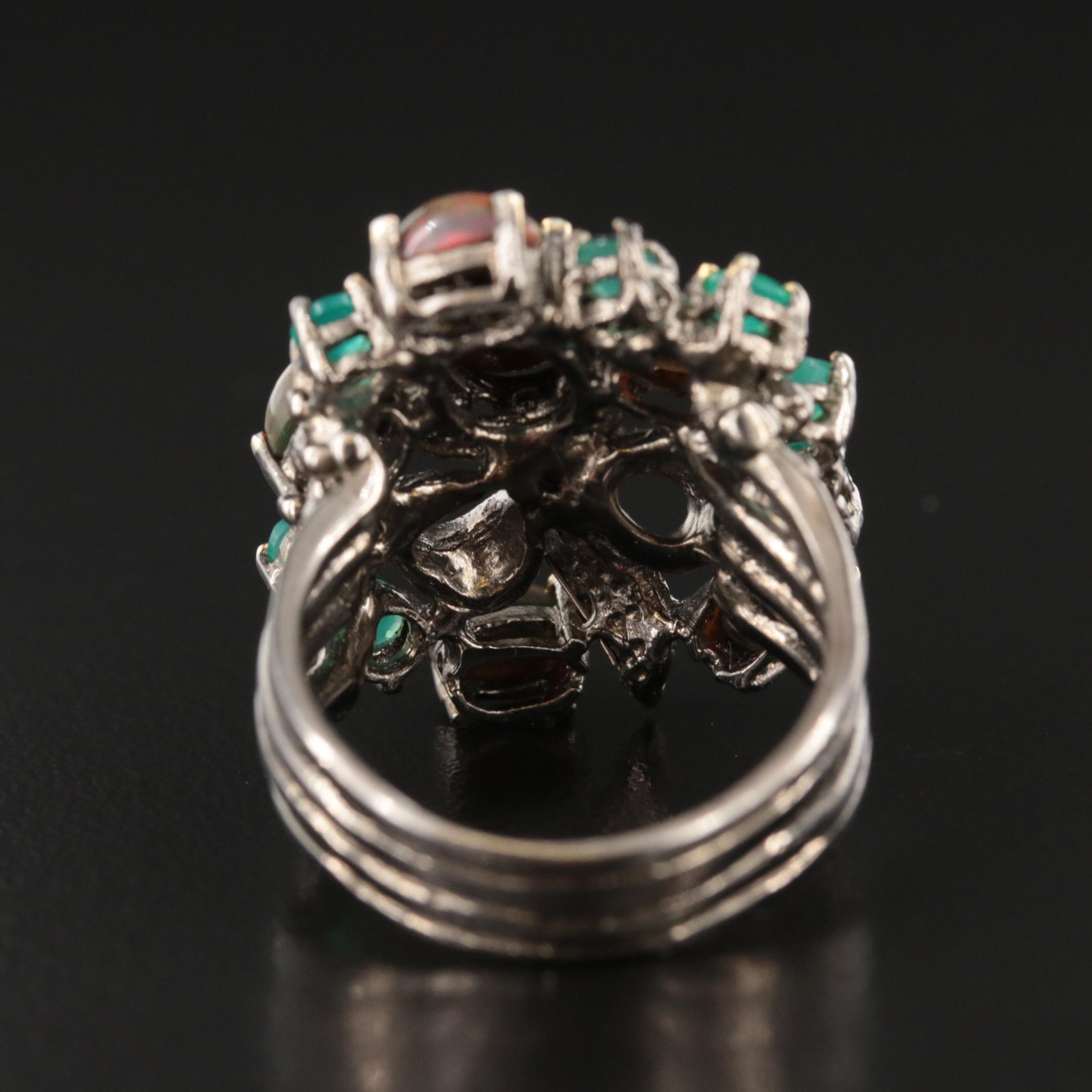 Sterling Opal, Chalcedony and Amethyst Cluster Ring