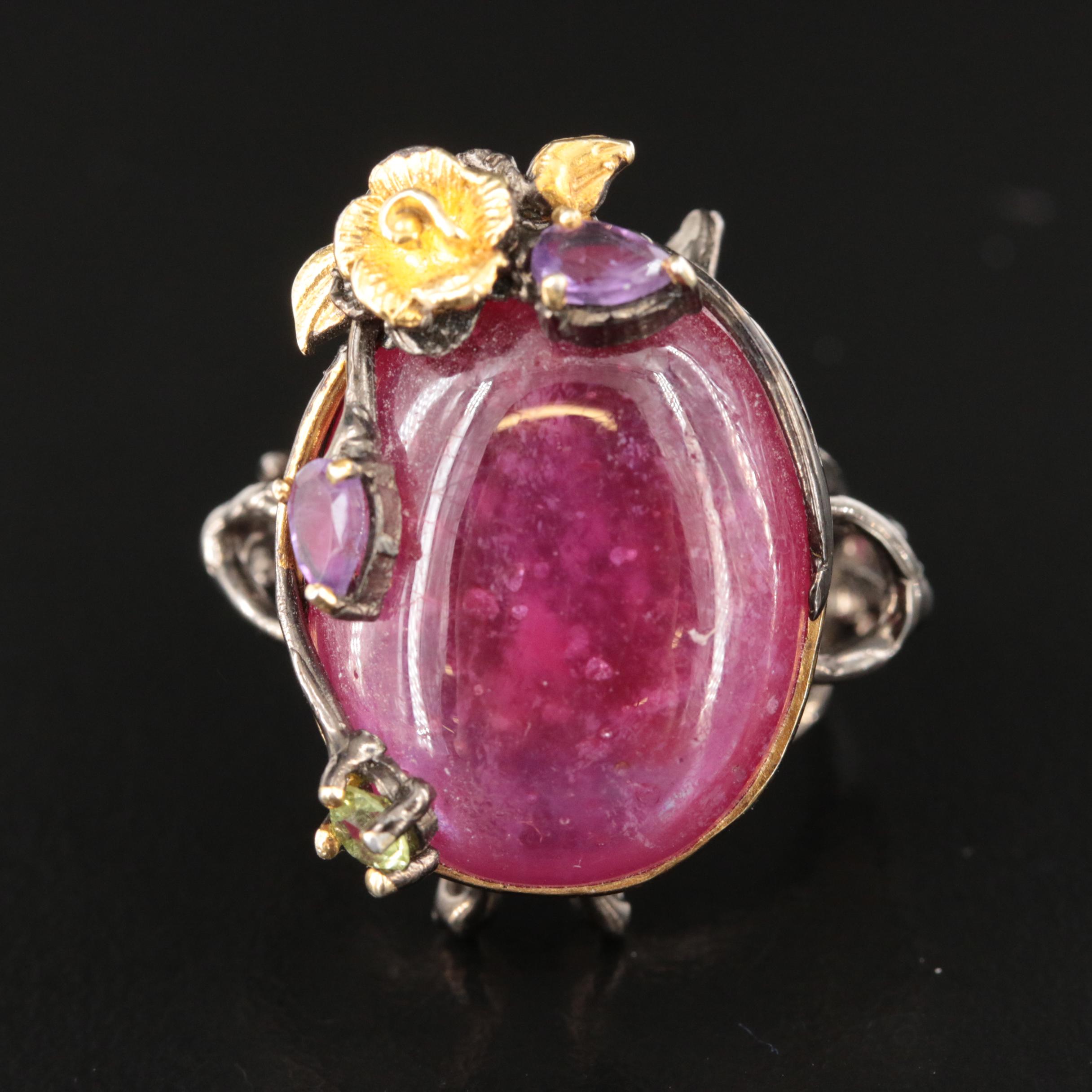 Sterling Corundum, Amethyst and Peridot Organic Floral Design Ring