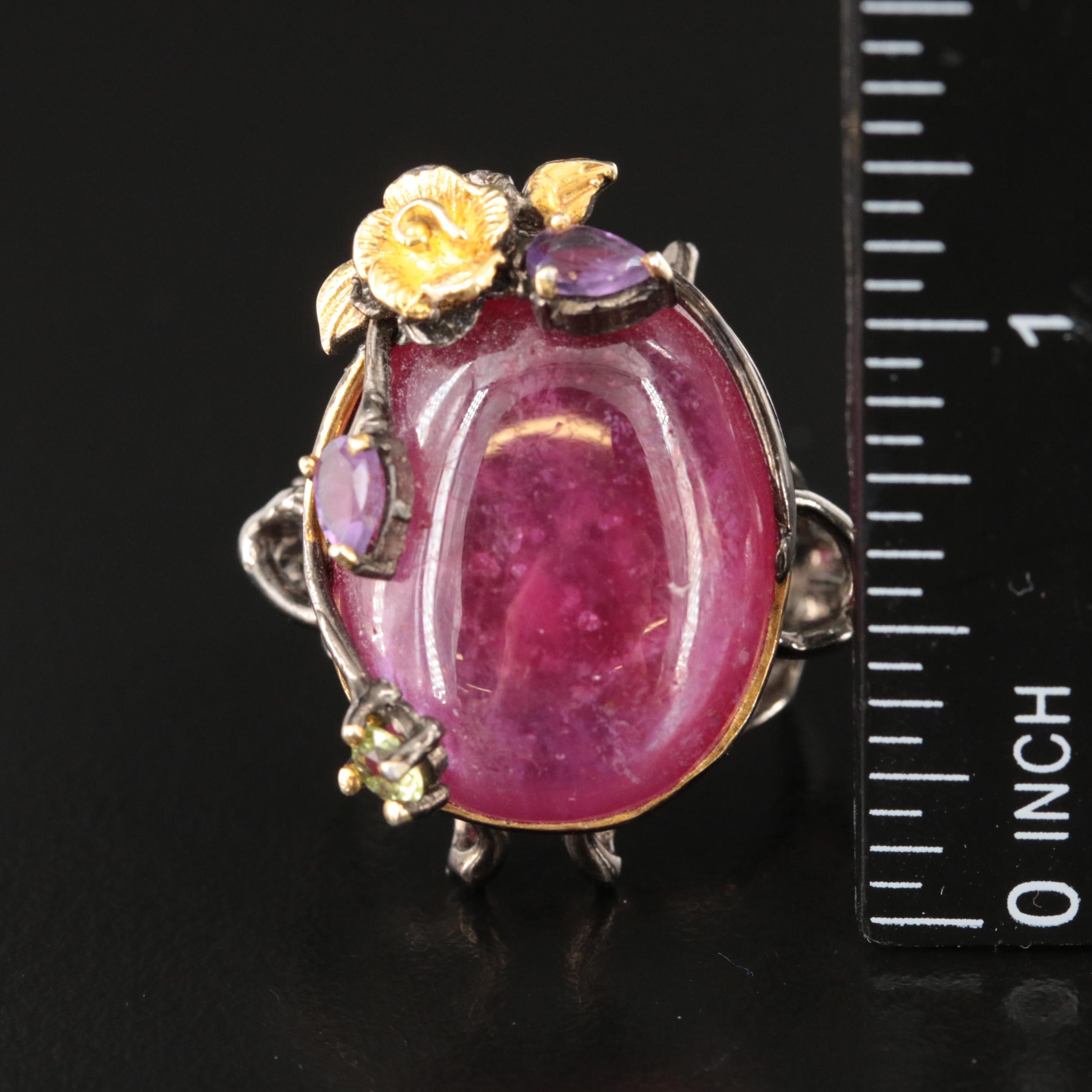 Sterling Corundum, Amethyst and Peridot Organic Floral Design Ring
