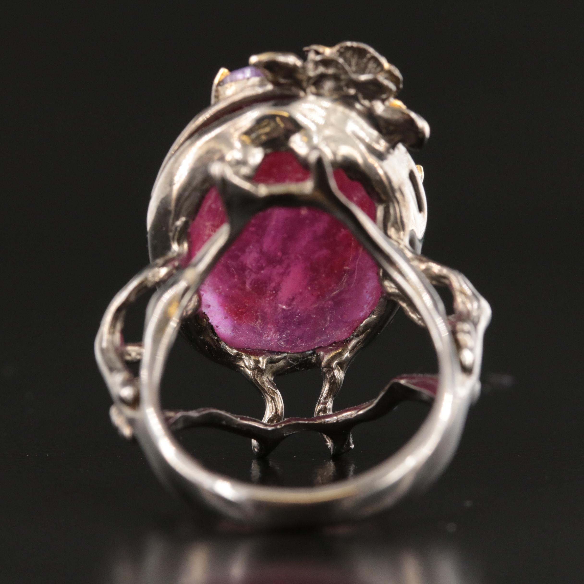 Sterling Corundum, Amethyst and Peridot Organic Floral Design Ring