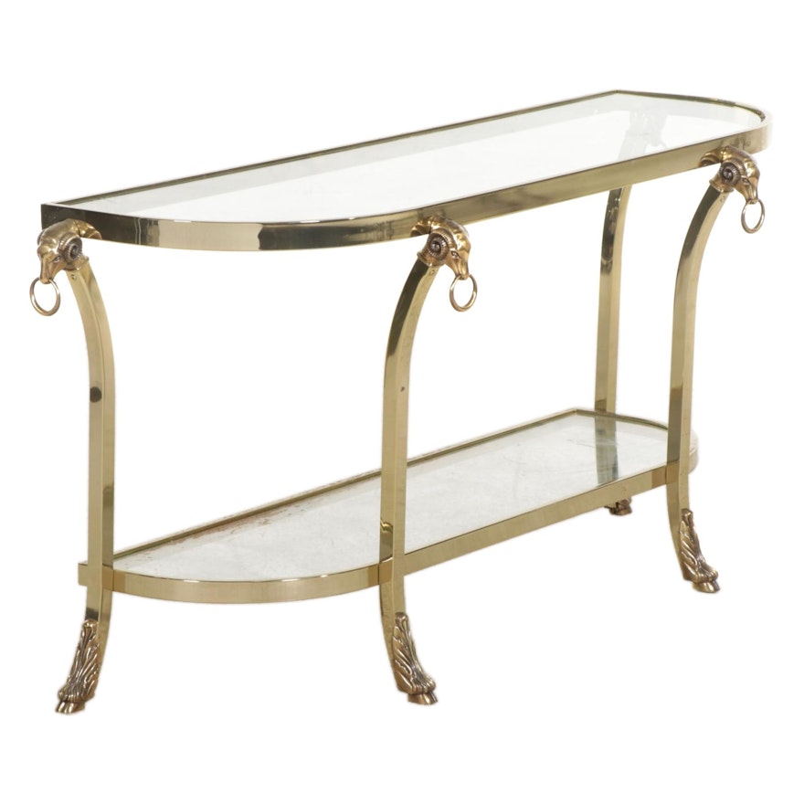 Brass Finished Metal and Glass Hall Table with Ram's Head Decorations