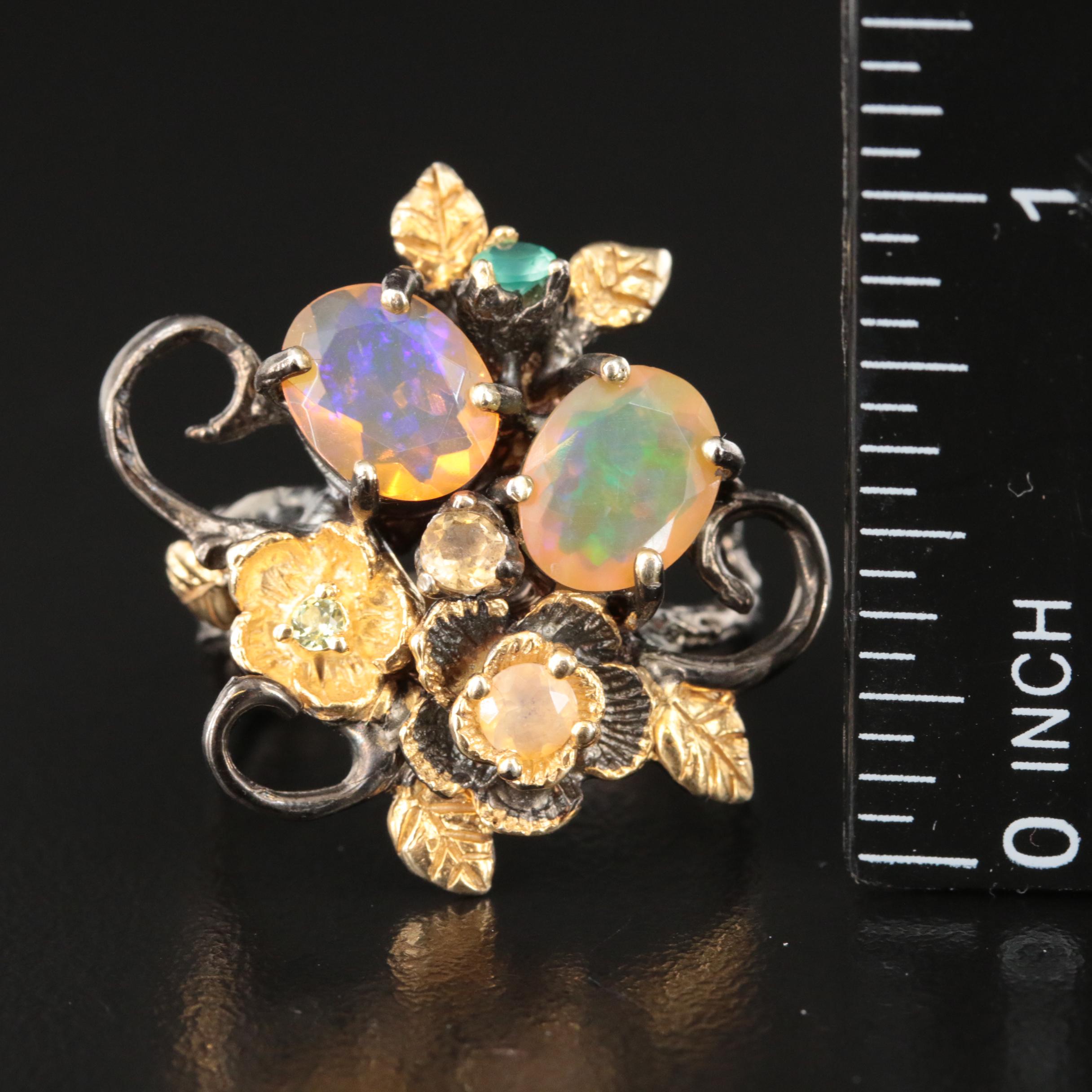 Sterling Opal, Chalcedony and Citrine Floral Ring with Faux Bois Accents