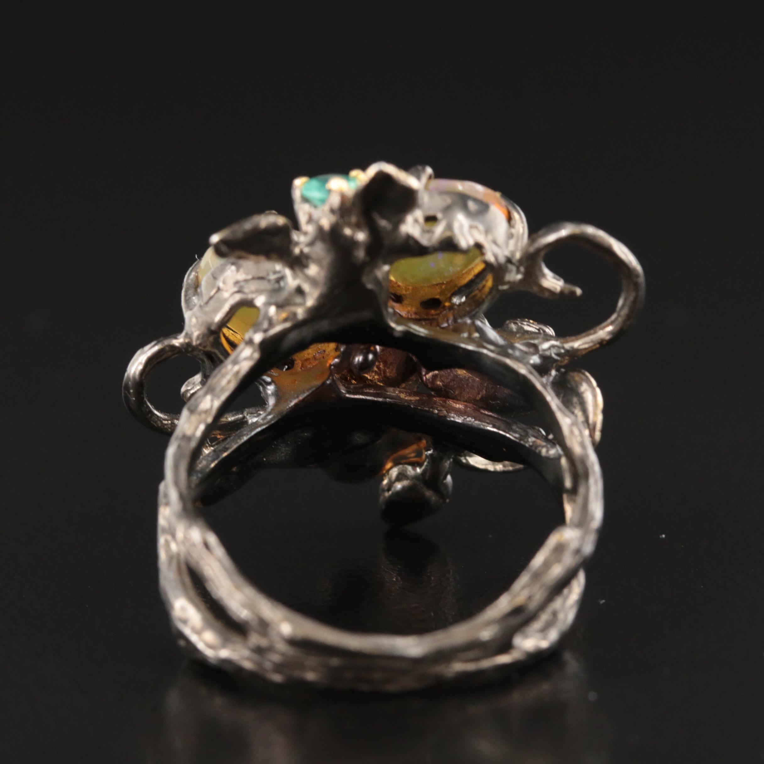 Sterling Opal, Chalcedony and Citrine Floral Ring with Faux Bois Accents