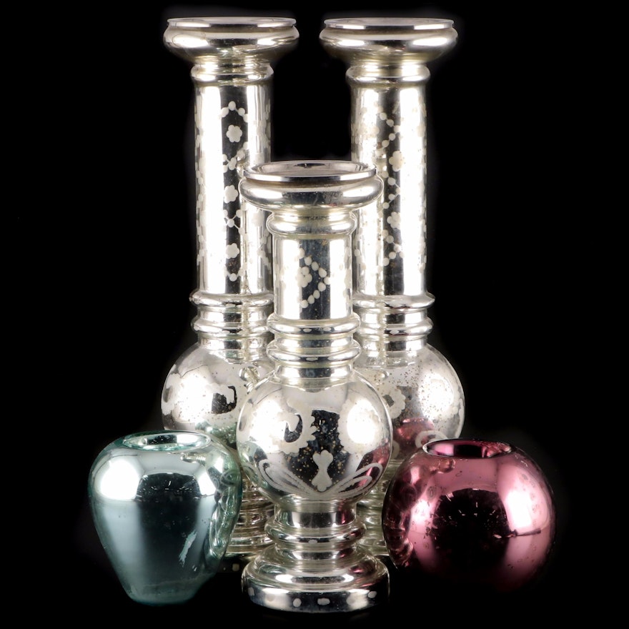 Czech and Other Mercury Glass Taper Candle Holders