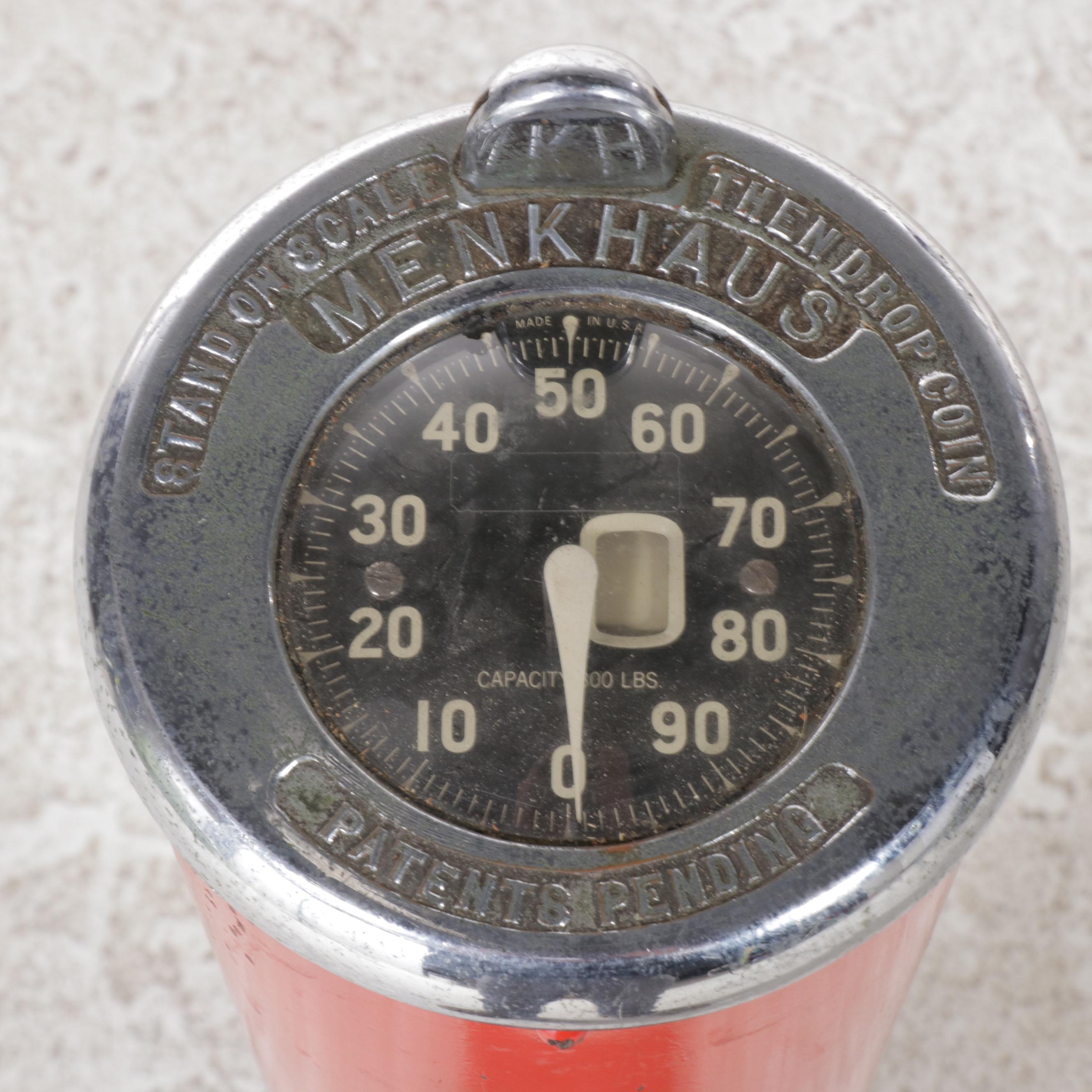 Menkhaus Nickel-Plated and Painted Metal Coin-Operated Stand-On Scale