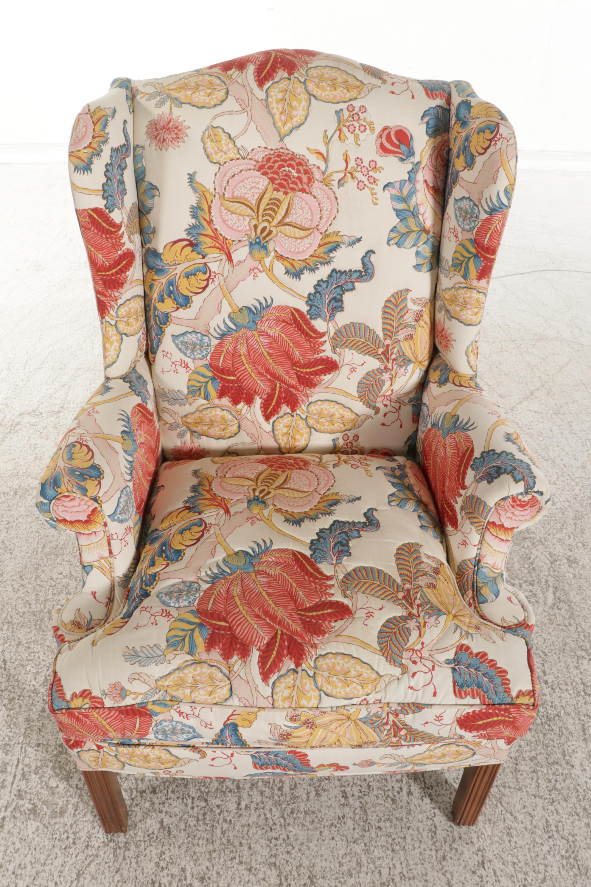 Lee Industries Chippendale Style Wingback Chair in Quilted Print Upholstery