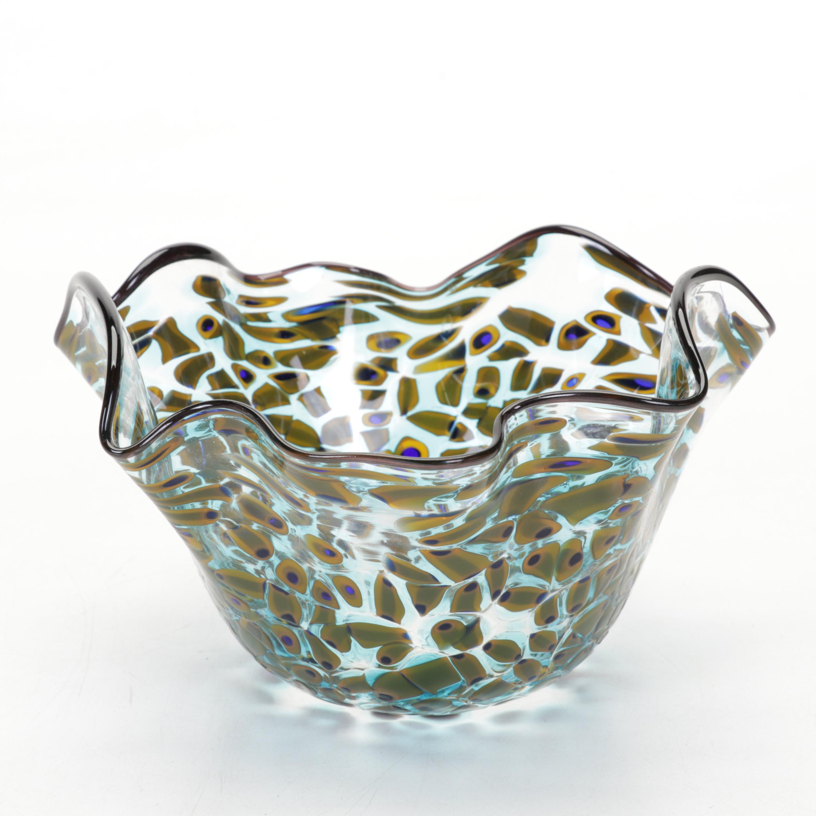 Signed Hand-Blown Art Glass Confetti Bowl and Trailing Vase