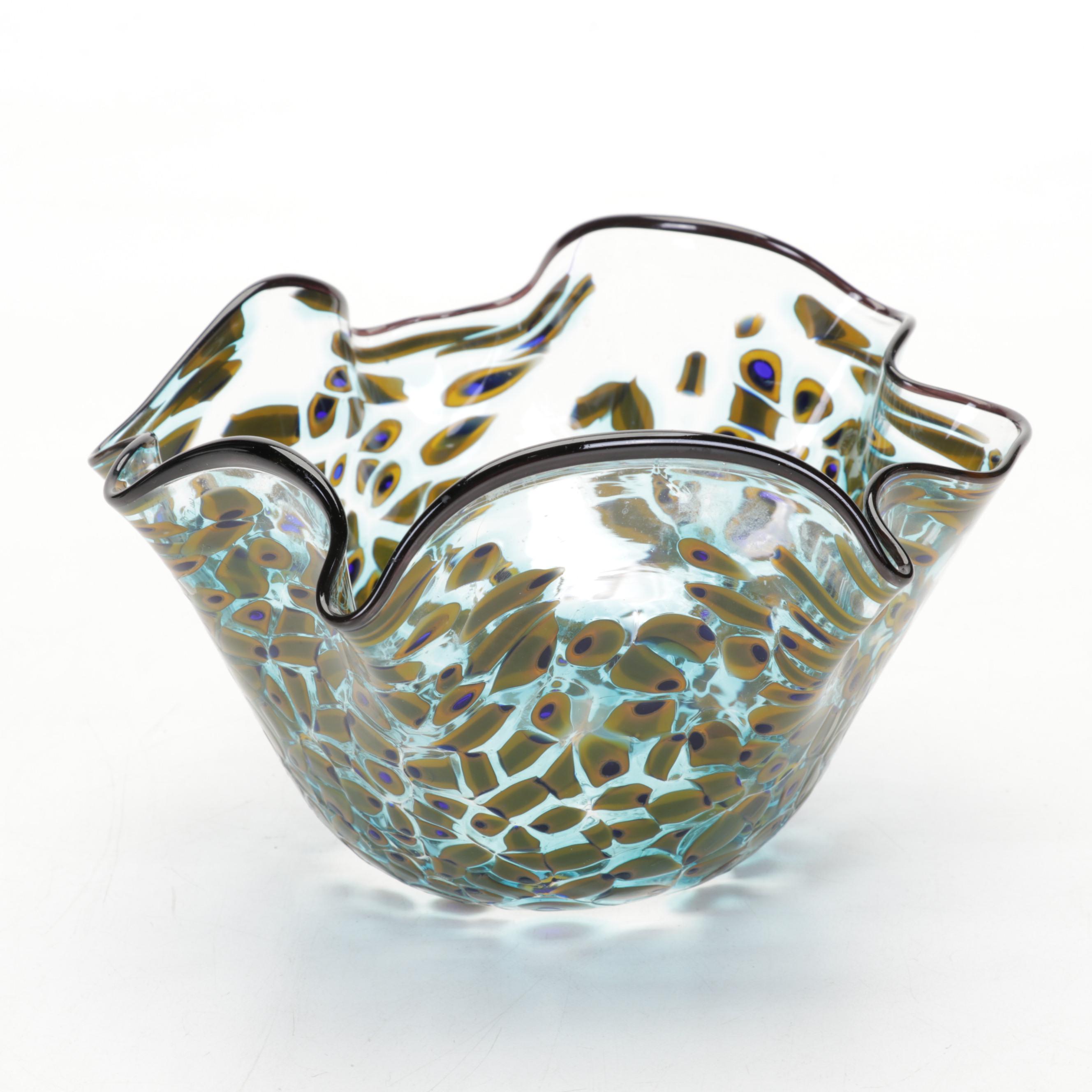 Signed Hand-Blown Art Glass Confetti Bowl and Trailing Vase