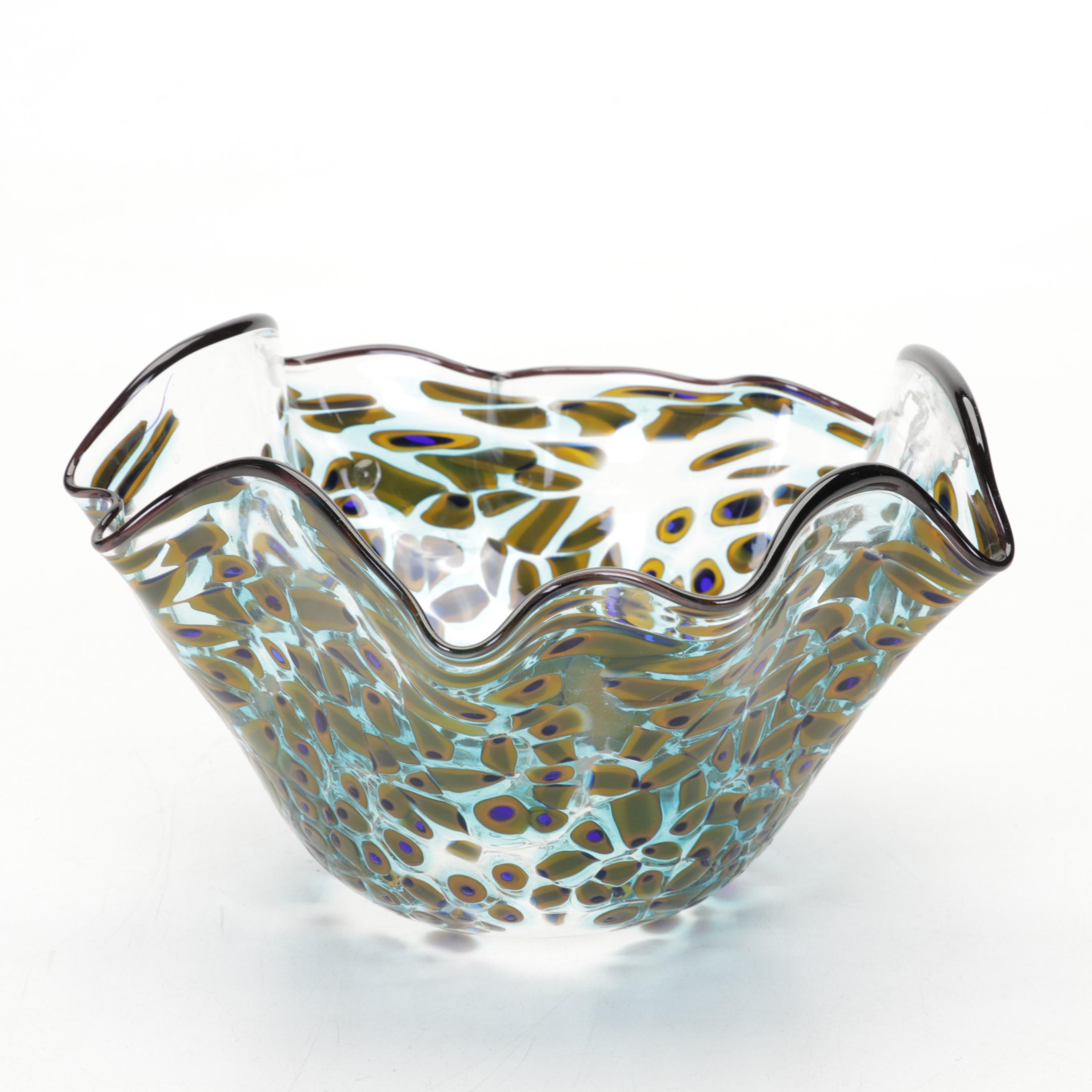 Signed Hand-Blown Art Glass Confetti Bowl and Trailing Vase