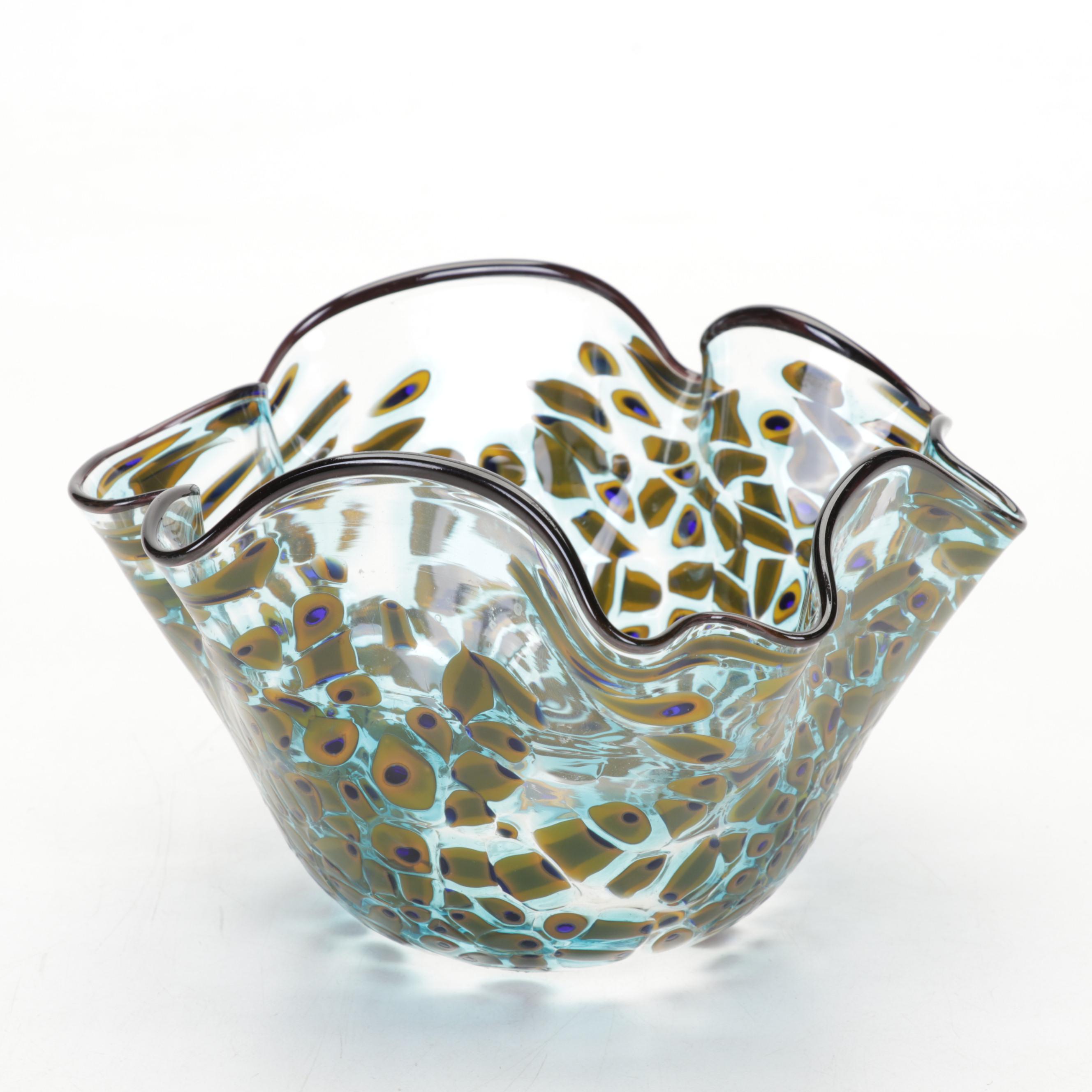 Signed Hand-Blown Art Glass Confetti Bowl and Trailing Vase