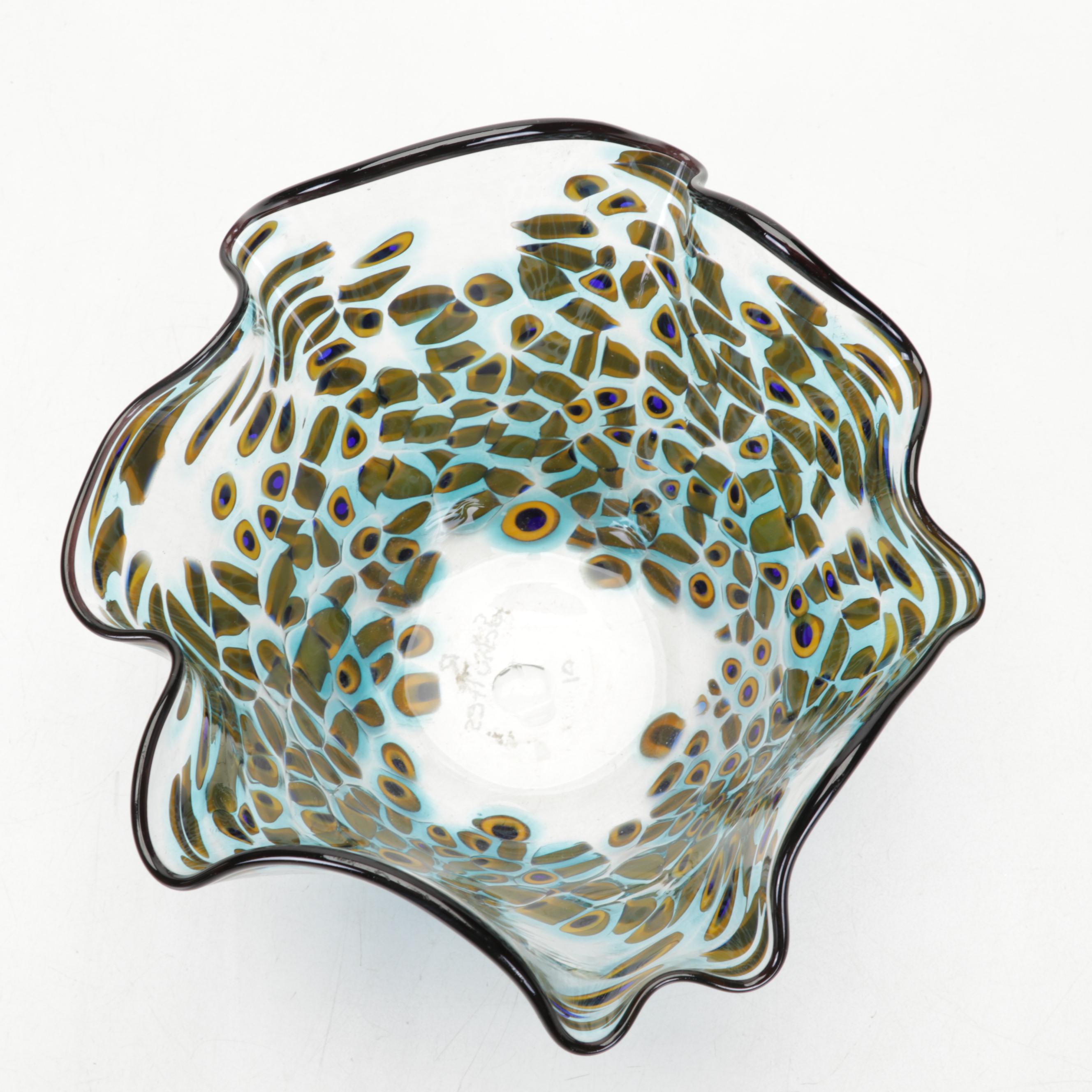 Signed Hand-Blown Art Glass Confetti Bowl and Trailing Vase