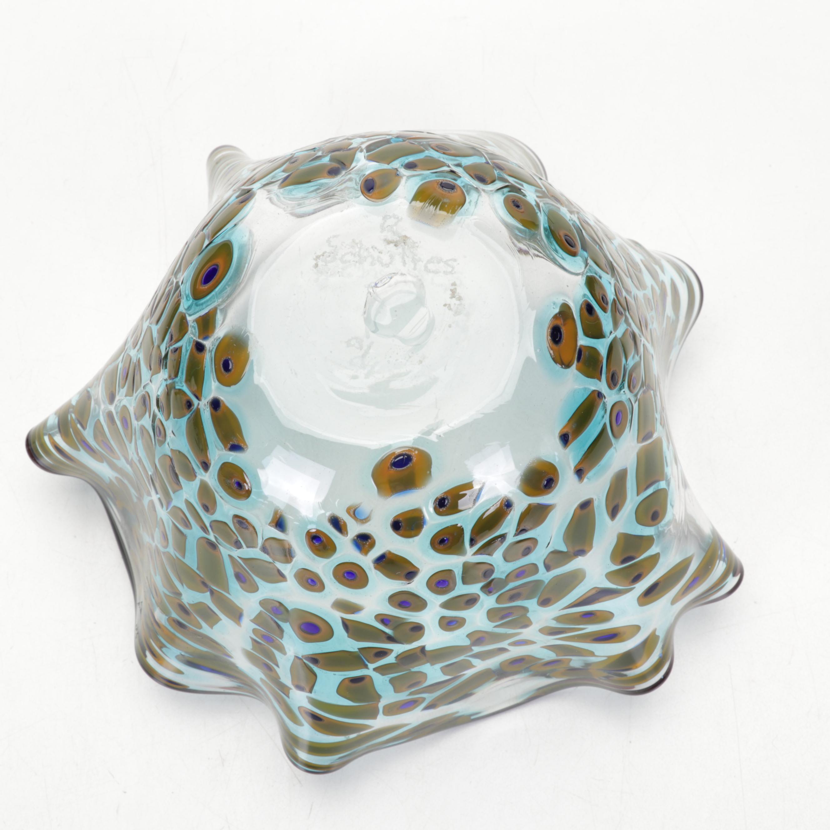 Signed Hand-Blown Art Glass Confetti Bowl and Trailing Vase