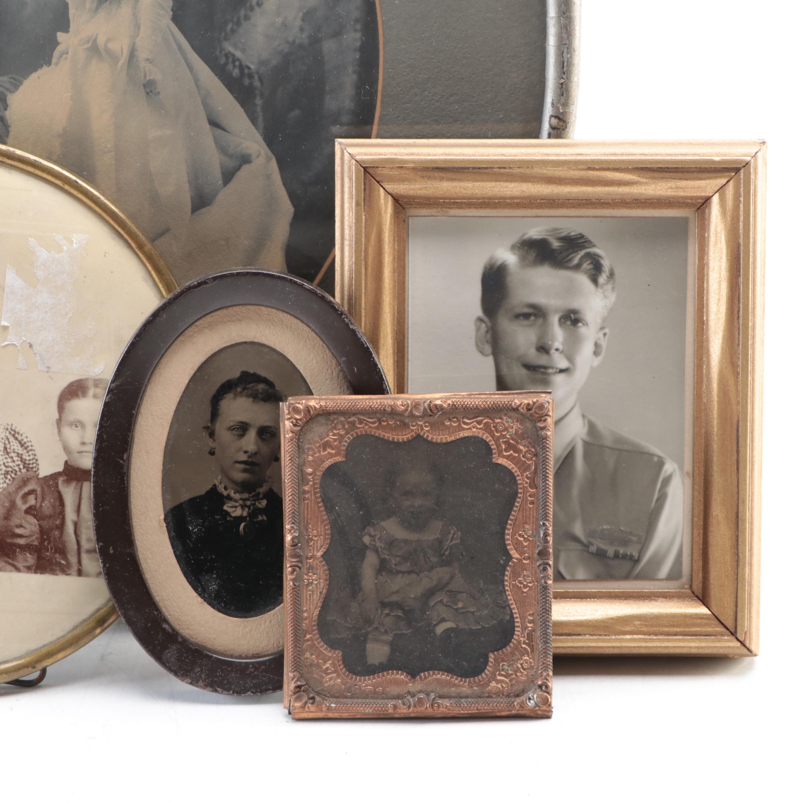 Tintypes, Silver Gelatin and Other Framed Photographs of Women, Men and Children