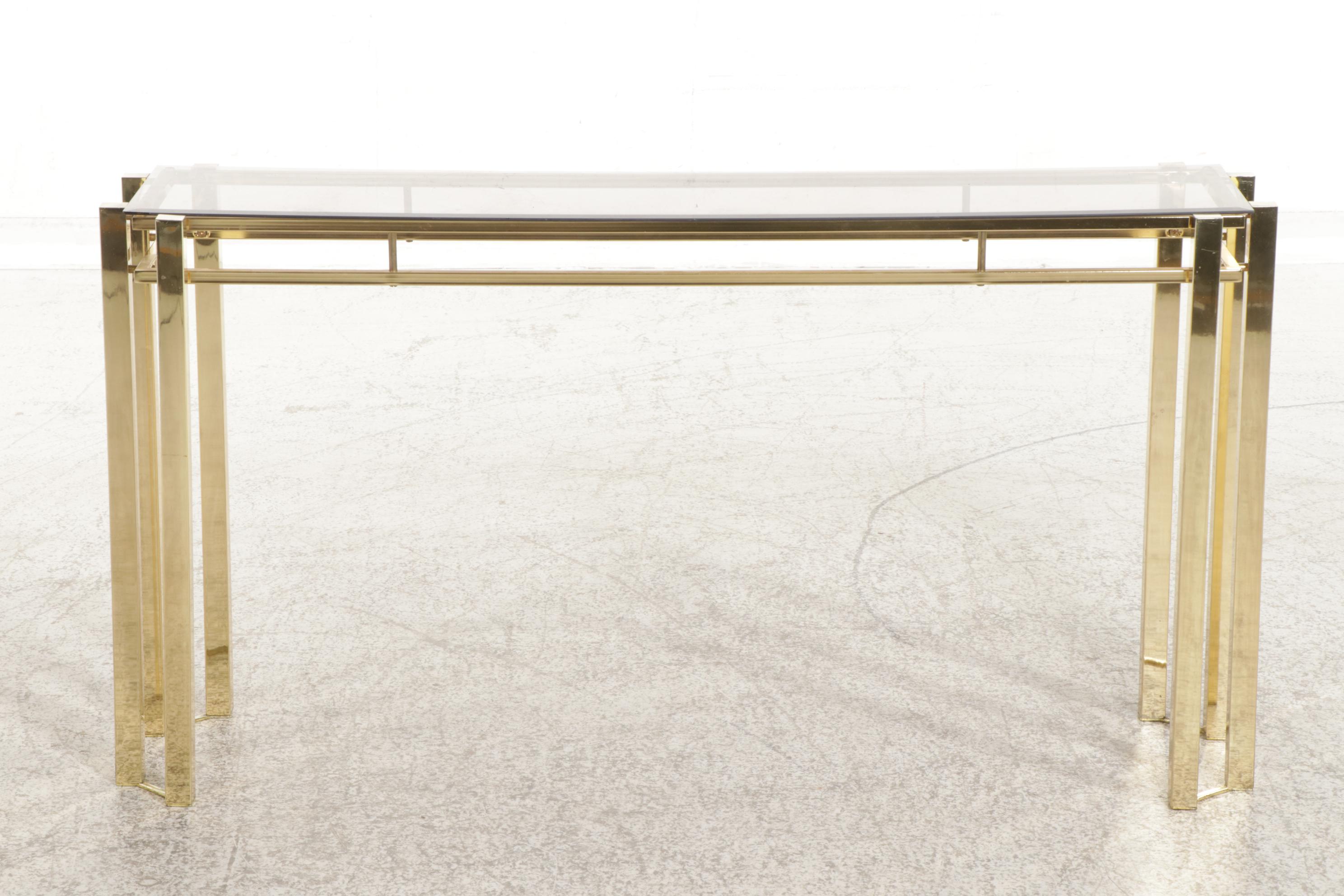 Modernist Brass Toned Metal and Glass Hall Table