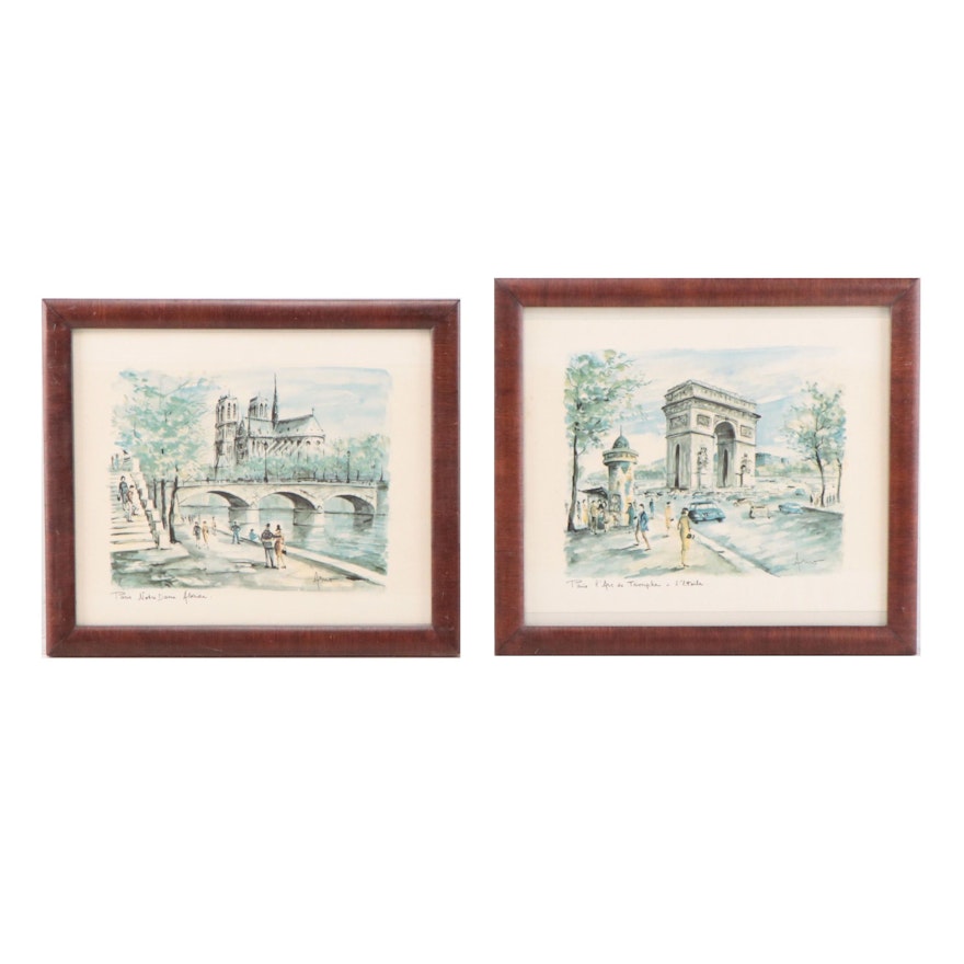 Offset Lithographs of Paris City Scenes Including "Paris, Notre Dame, Aleside"