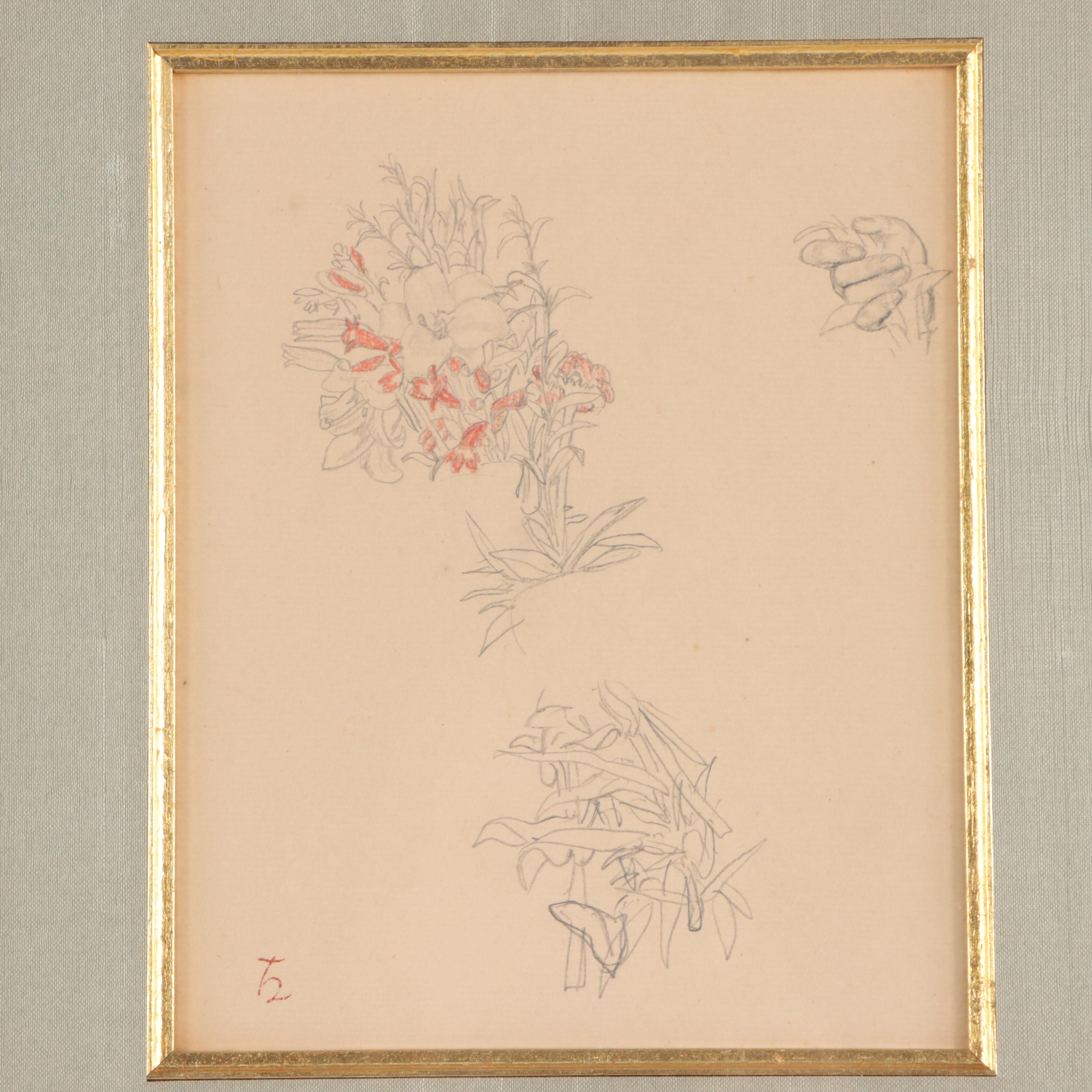 Graphite and Gouache Study of Hand and Flowers, Circa 1920
