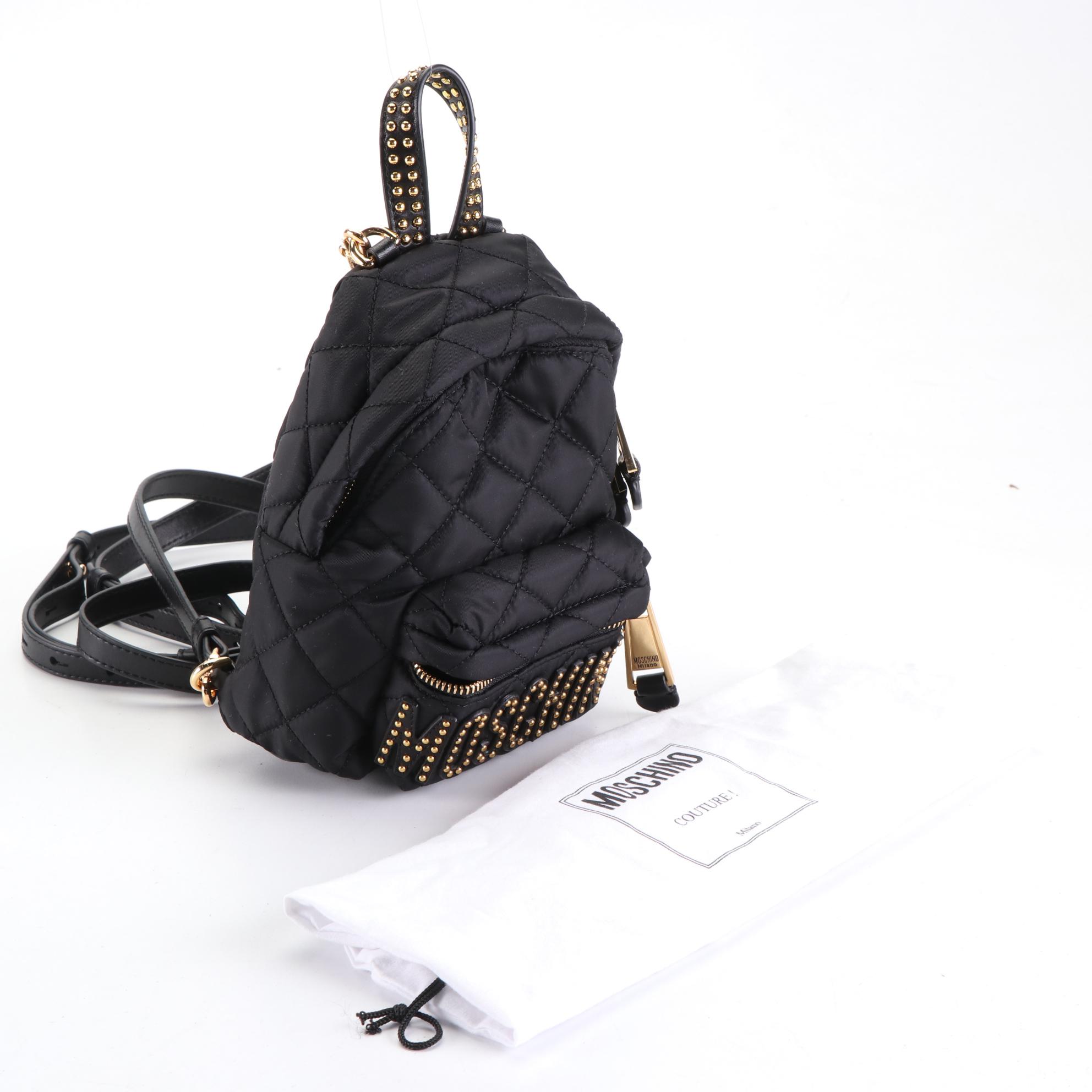 Moschino Mini Logo Studded Backpack in Quilted Nylon with Leather Trim