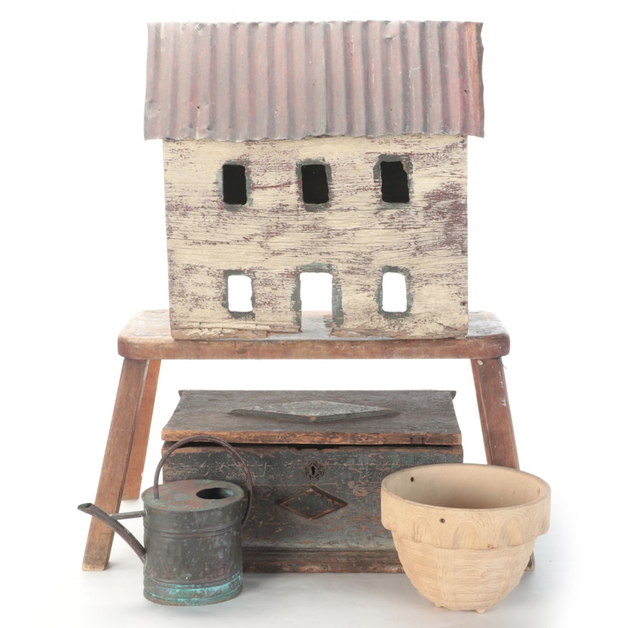 Handcrafted Primitive Doll House, Document Box, Bench with Watering Can and Pot