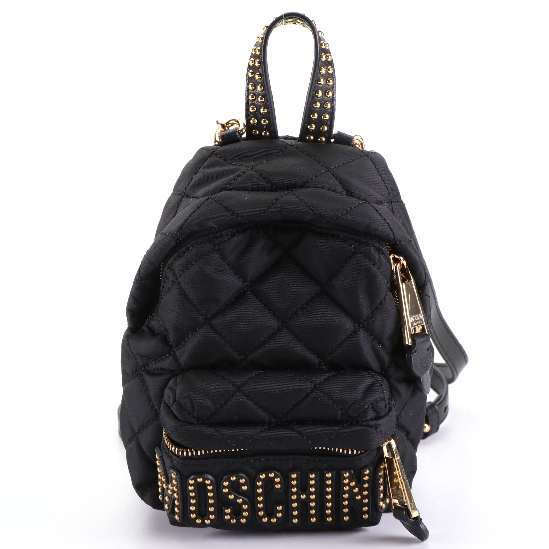 Moschino Mini Logo Studded Backpack in Quilted Nylon with Leather Trim