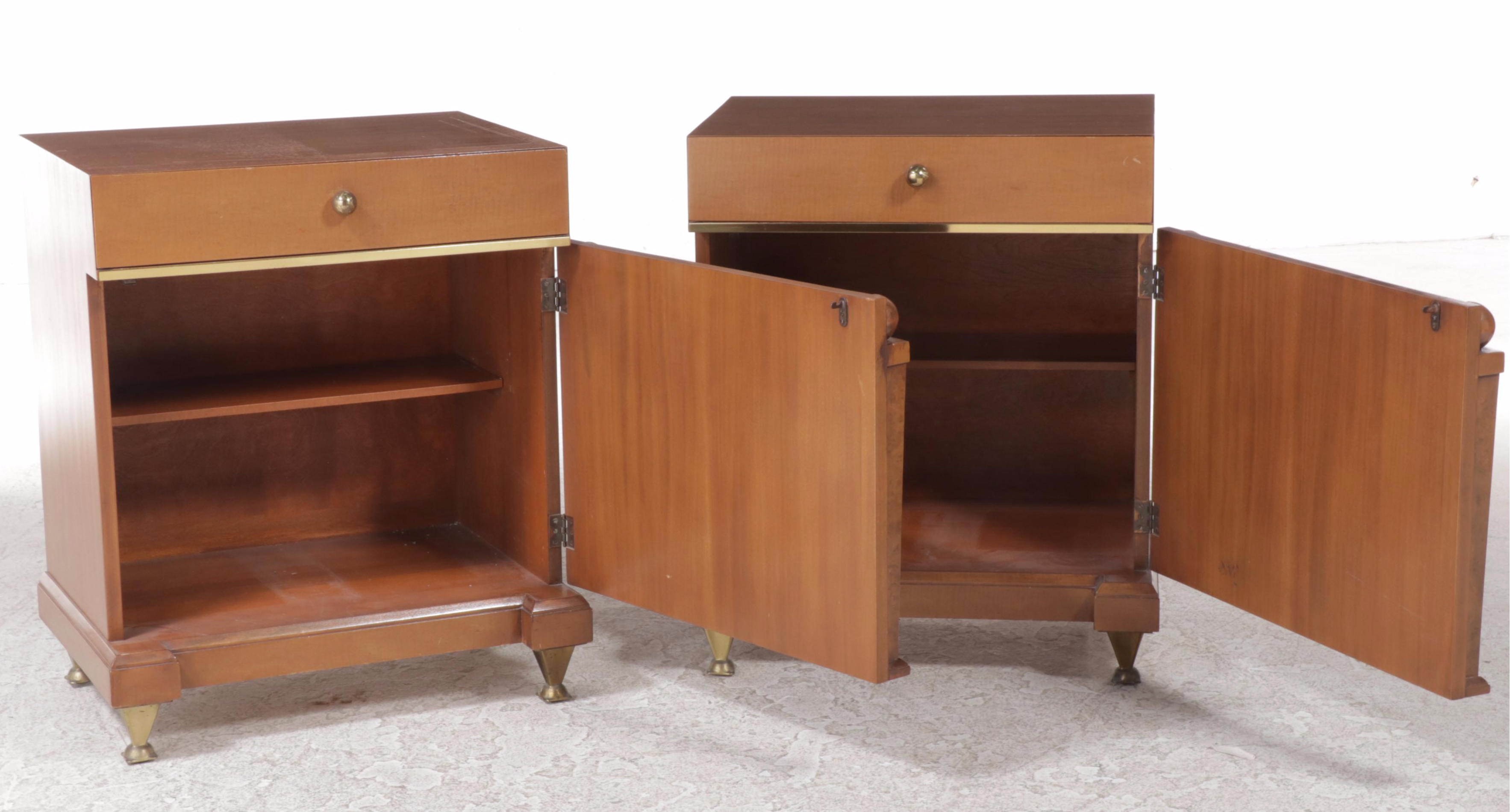 Pair of Romweber Empire Style Mahogany, Maple, and Burlwood Nightstands