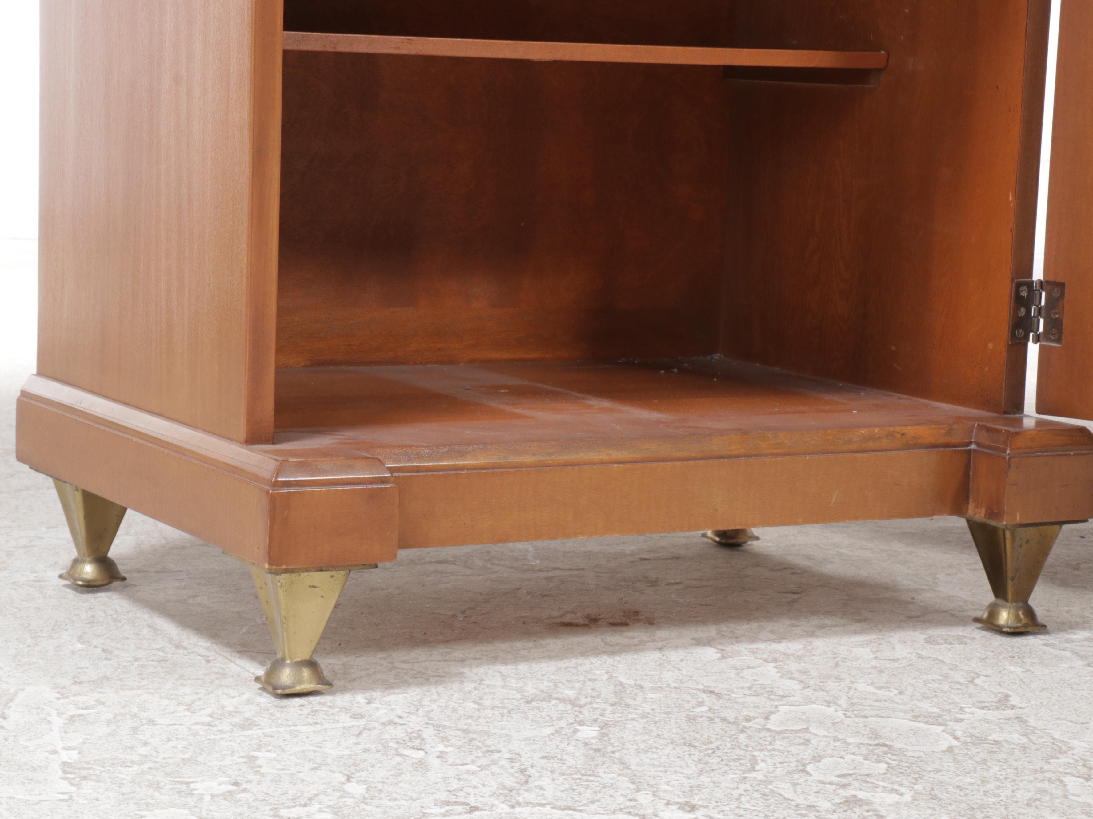 Pair of Romweber Empire Style Mahogany, Maple, and Burlwood Nightstands