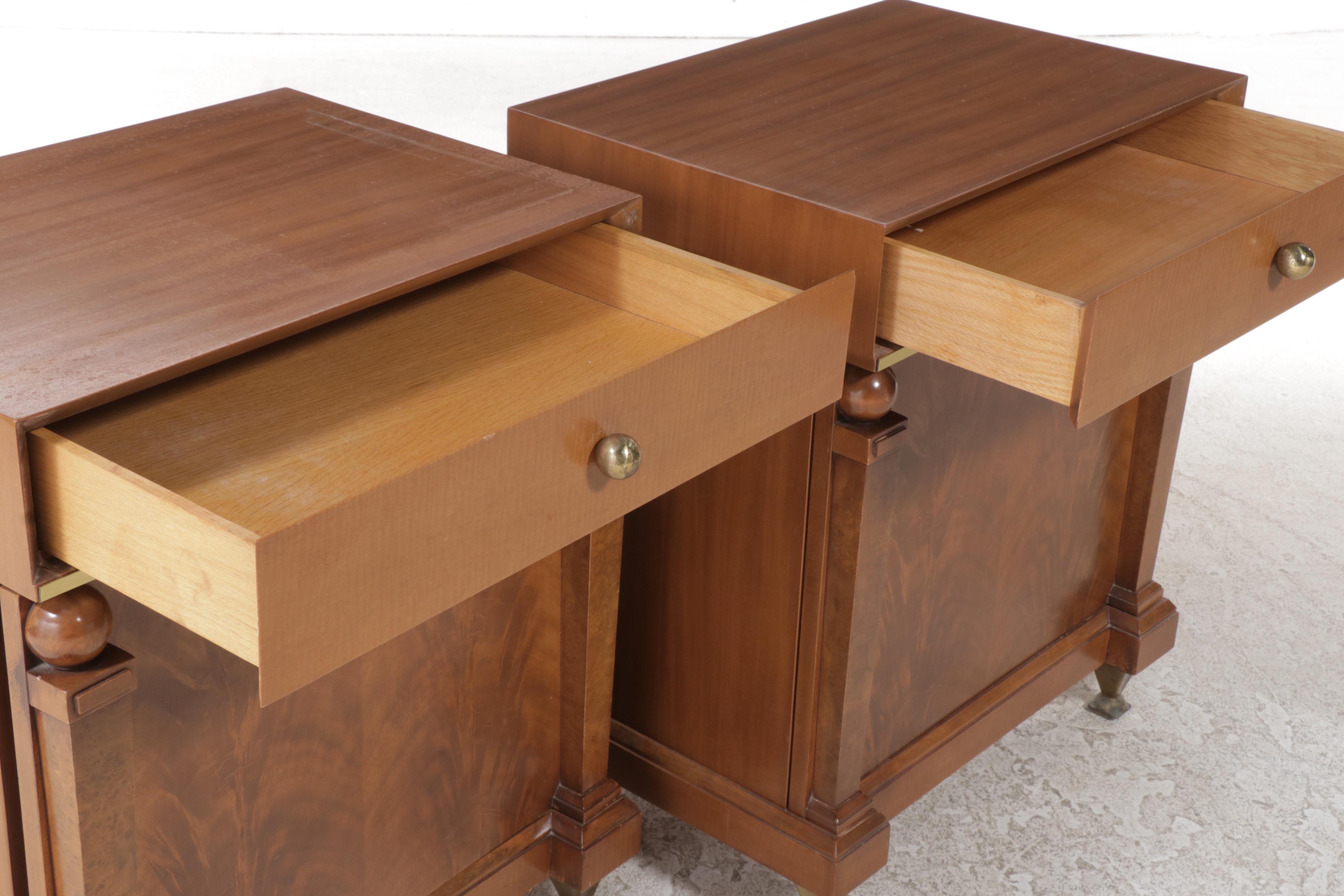 Pair of Romweber Empire Style Mahogany, Maple, and Burlwood Nightstands