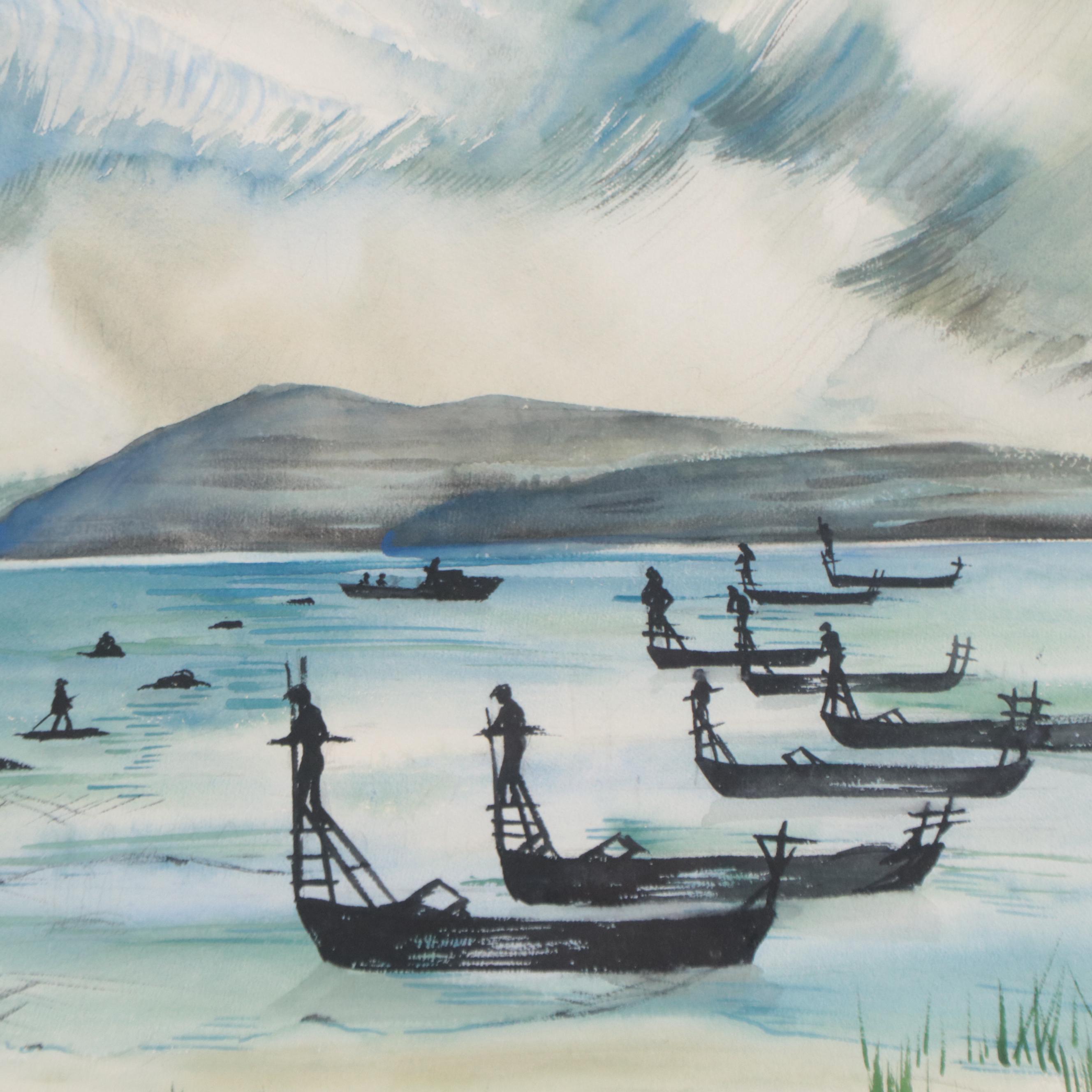 Edna Way Coastal Seascape Watercolor Painting, 1950