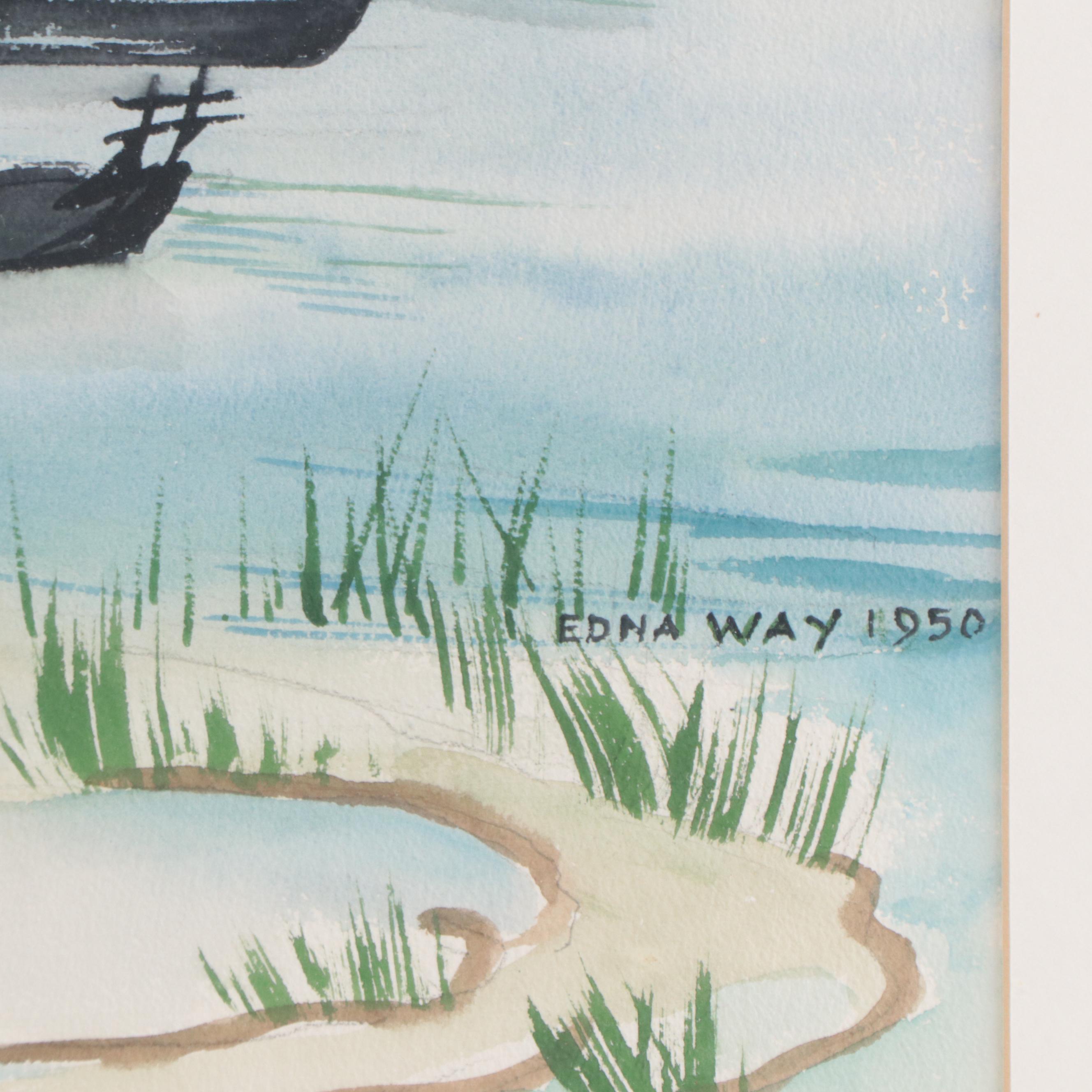 Edna Way Coastal Seascape Watercolor Painting, 1950