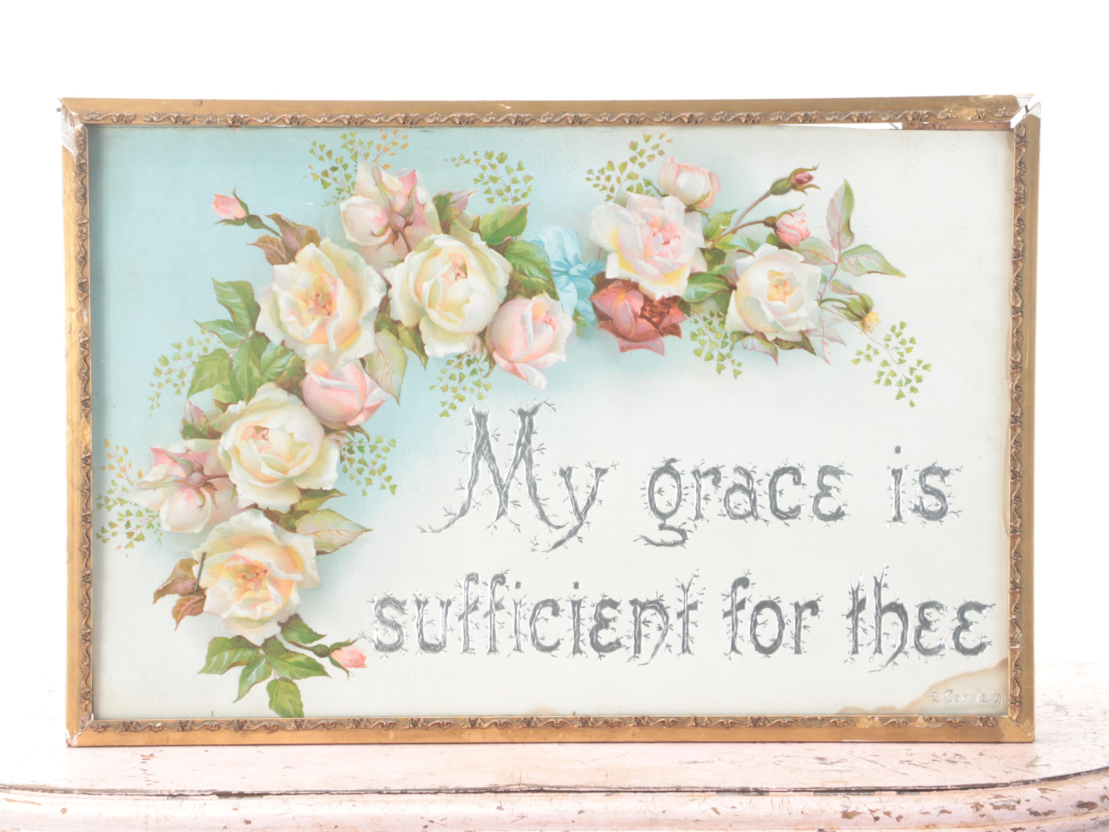 Victorian Wall Shelves and Pious Print and Two Vases